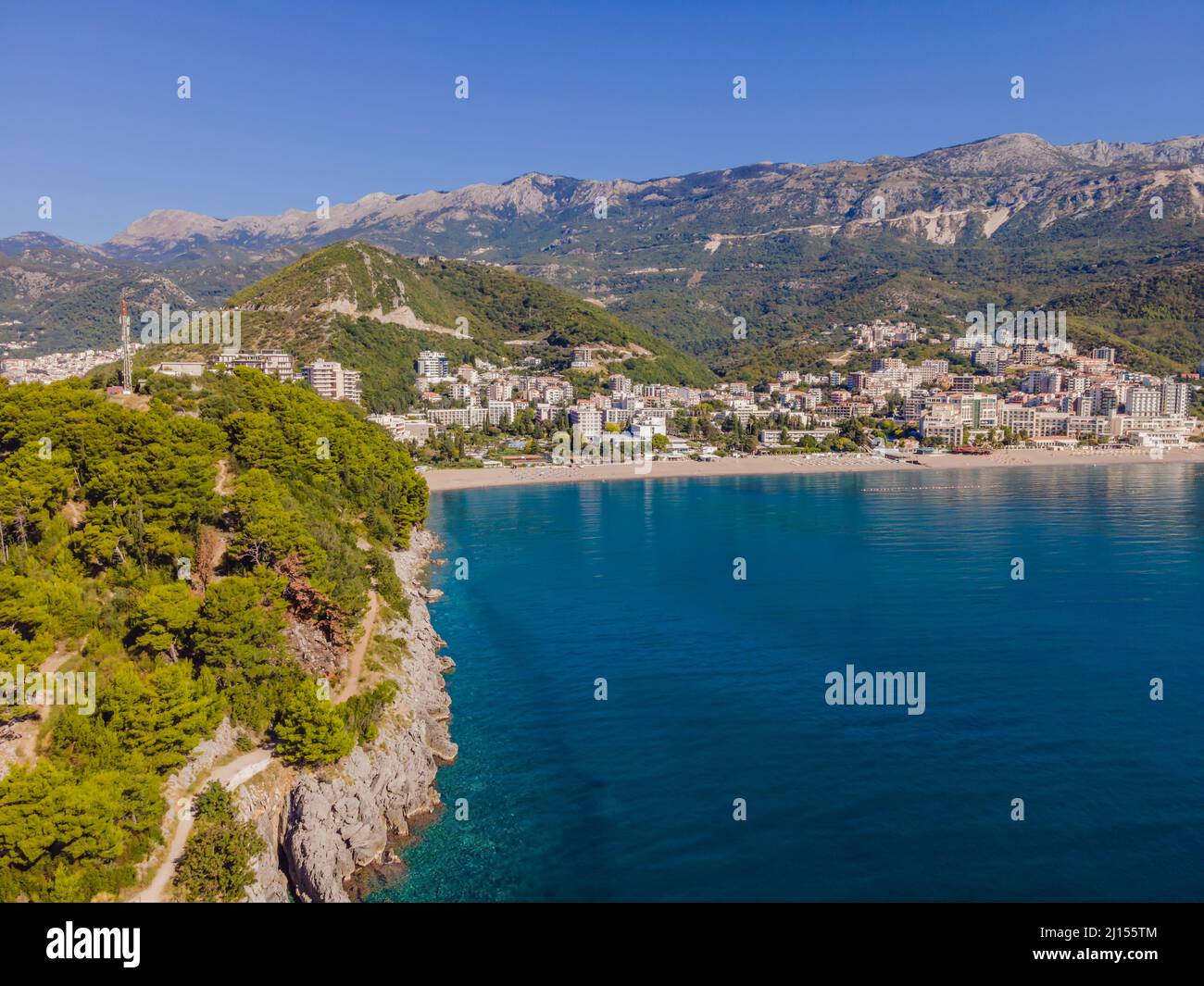 Aerophotography. View from flying drone. Panoramic cityscape of Budva