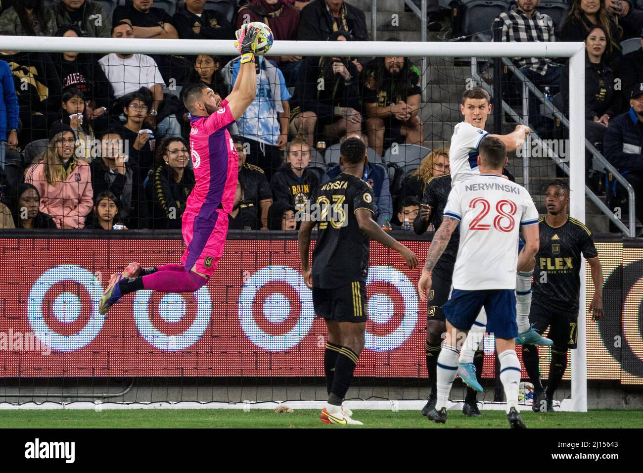 Los Angeles FC goalkeeper Maxime Crépeau (16) secures a cross during a MSL match against the Vancouver Whitecaps, Sunday, March 20, 2022, at the Banc Stock Photo