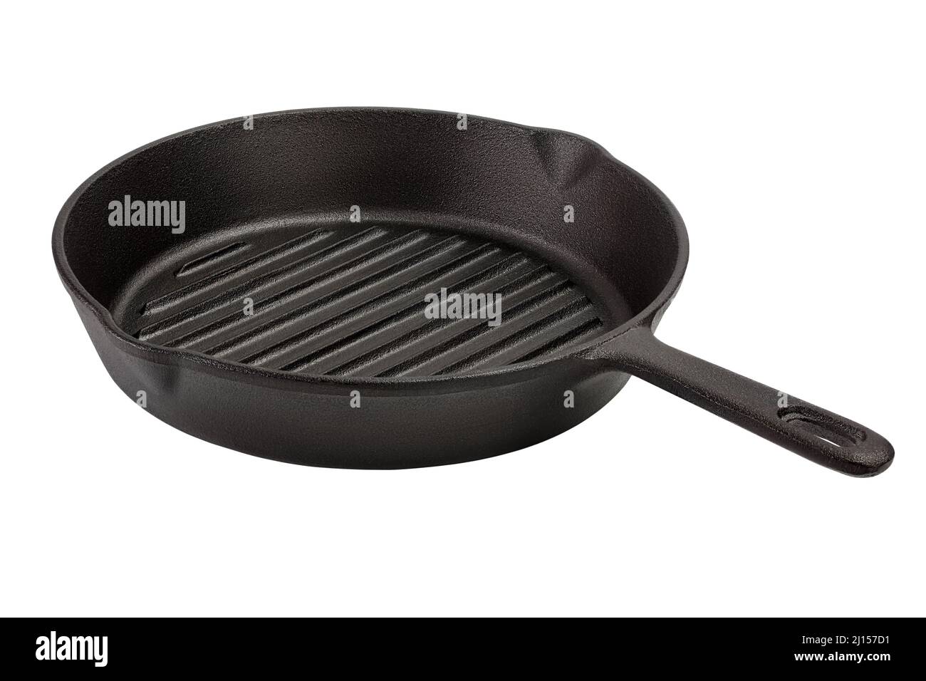 Empty cast iron grill frying pan isolated on white background with
