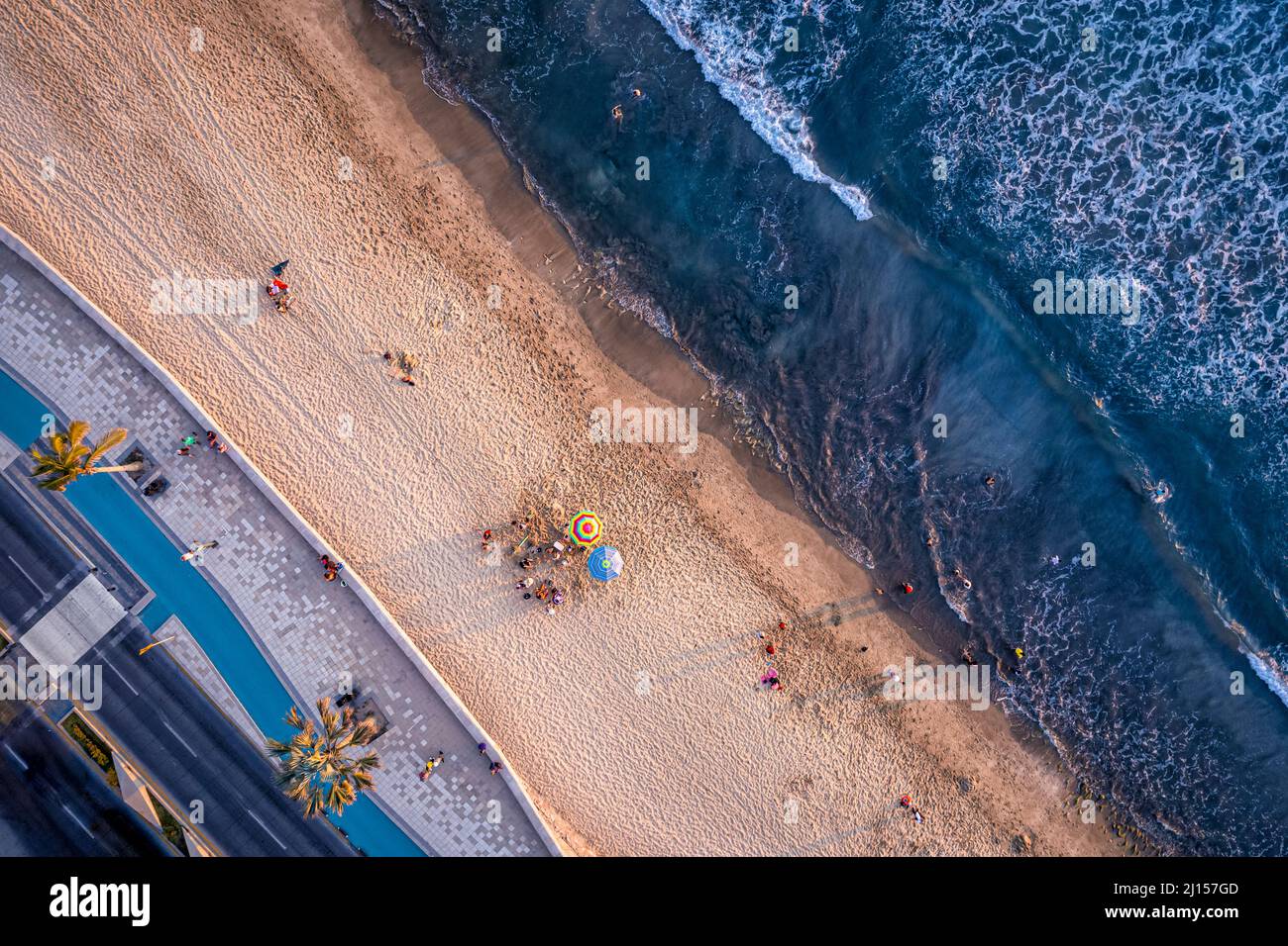 Drone view of the beach and malecon of Mazatlan, Sinaloa, Mexico. Stock Photo