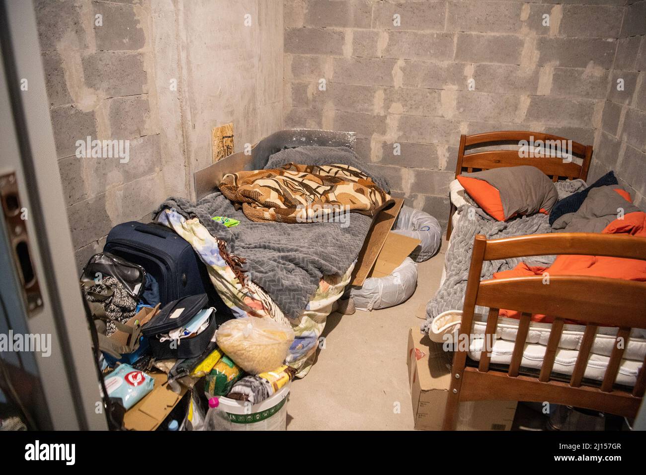 Kyiv, Ukraine. 21st Mar, 2022. A makeshift bed and cot for displaced