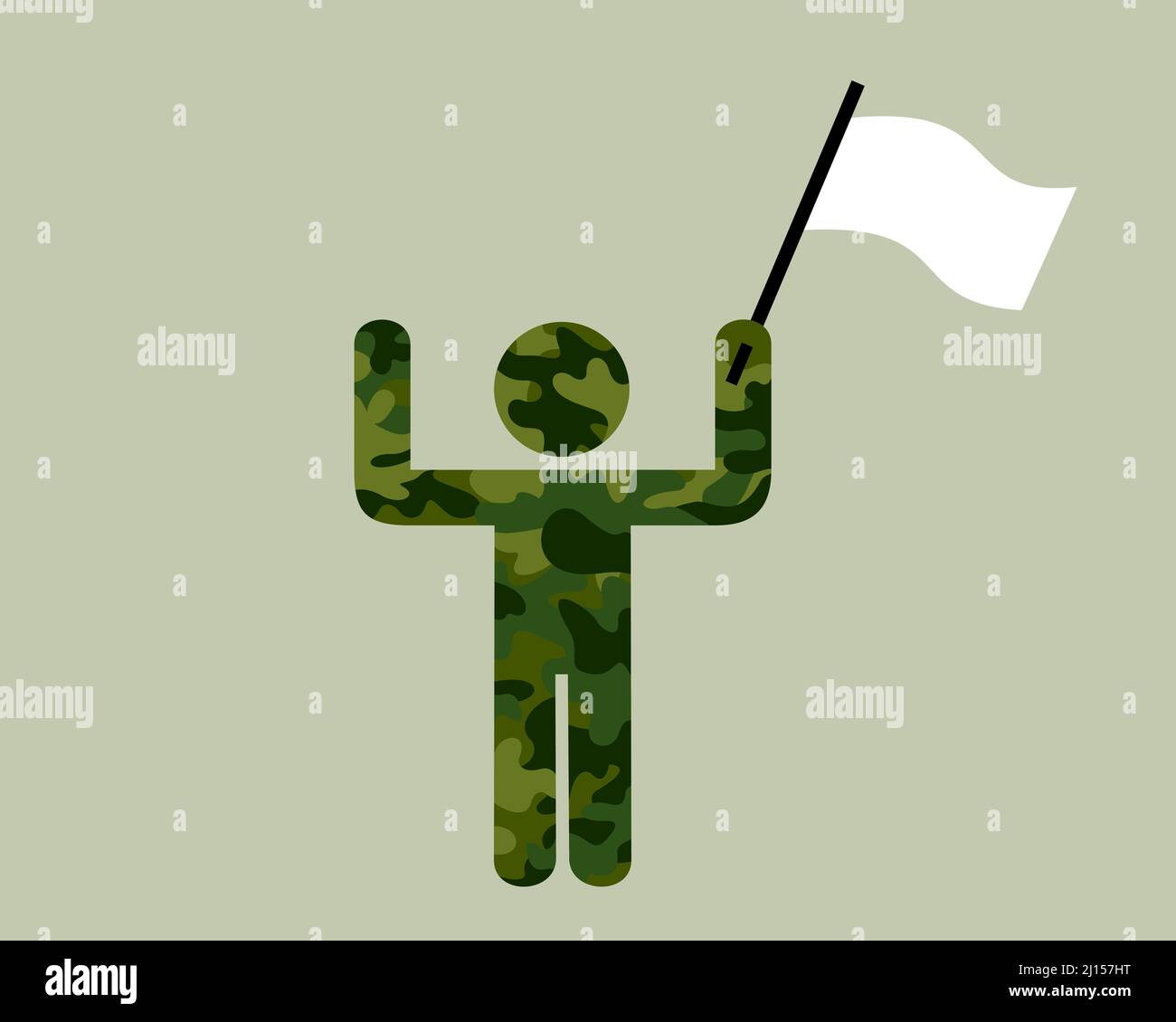 Surrender - soldier, warrior and combatant is giving up, surrendering and capitulating after being defeated. Man in khaki green is holding white flag. Stock Photo