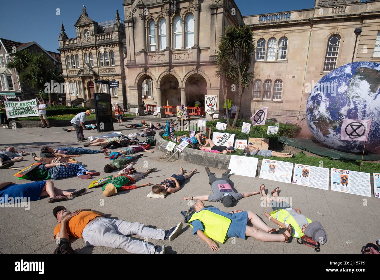 Weston-super-Mare, North Somerset, UK. 20th July 2021. Pictured: As the inspectors enter the inquiry for the first time, activists stage a mass die-in Stock Photo