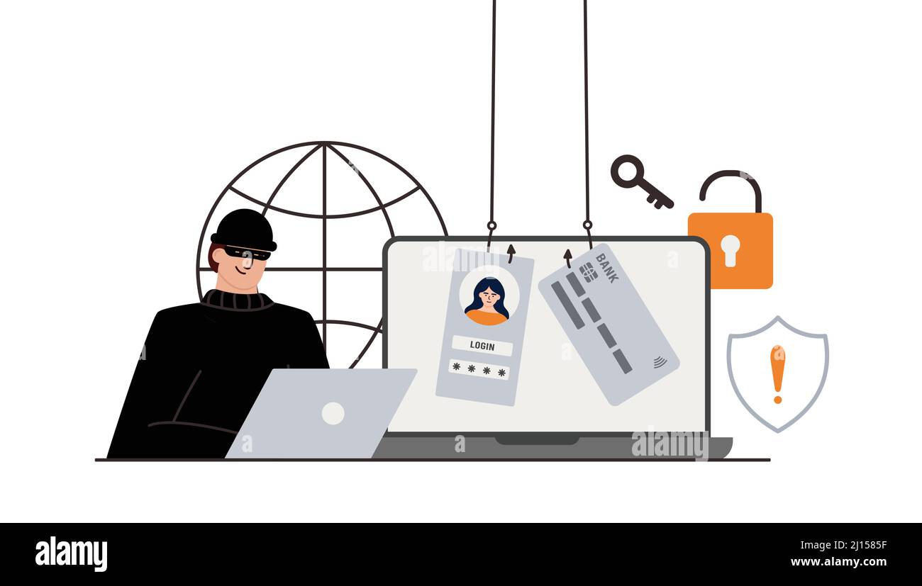 Hacker attack. Fraud with user data on social networks. Credit or debit card theft. Internet phishing, hacked username and password. Cybercrime and Stock Vector