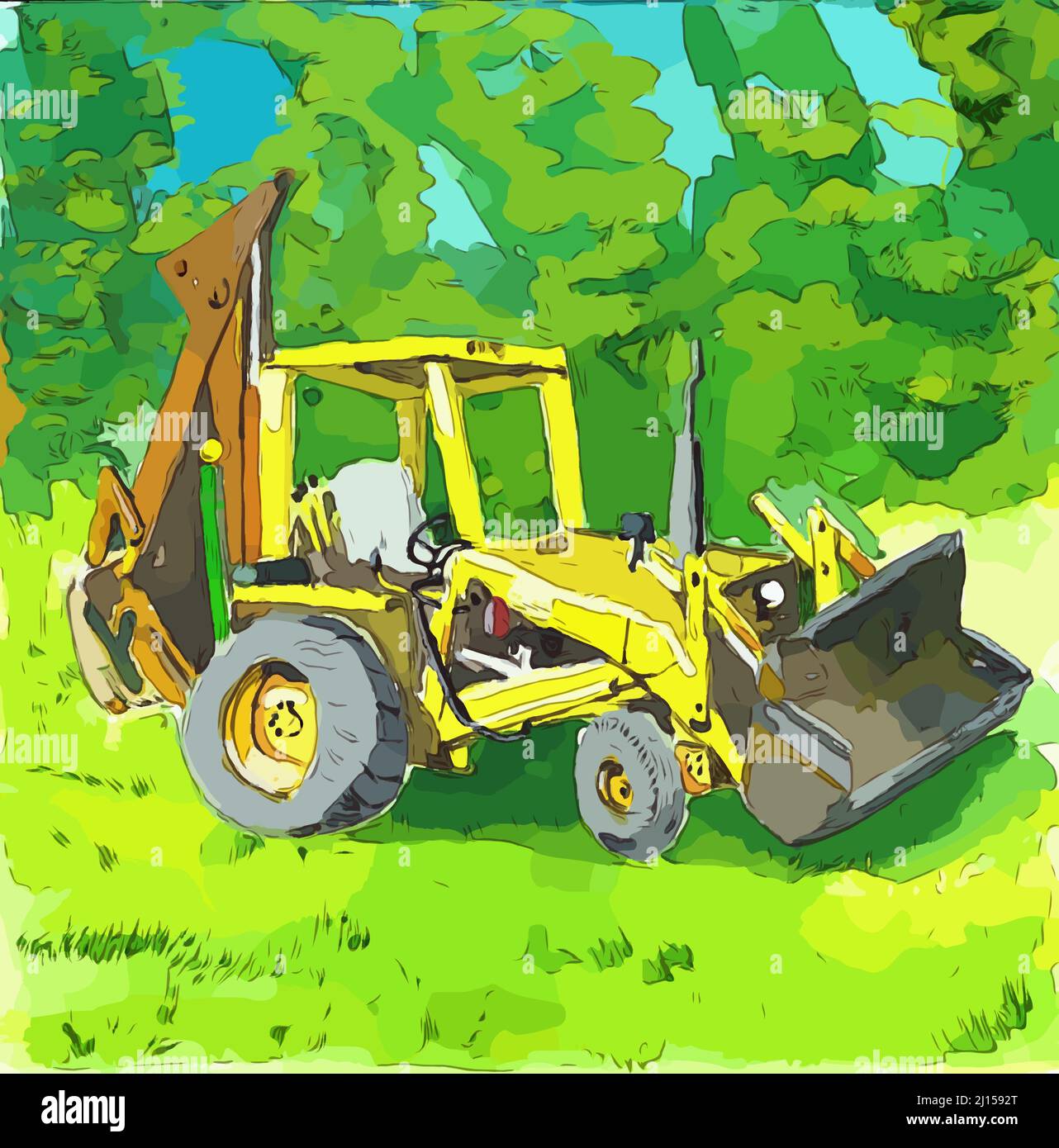 Illustration of a tractor with front loader and backhoe Stock Photo