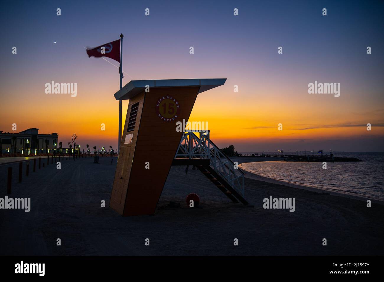 Dubai, UAE - Dec 06 2021: Lifeguard station at Jumeirah Beach Dubai during beautiful sunset Stock Photo