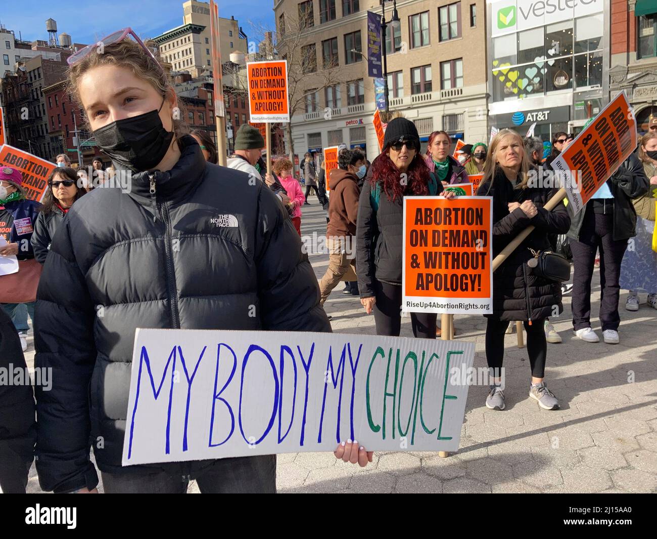 Women gather in Union Square Park in New York on International Women's Day on Tuesday, March 8, 2022. The rally countering the right wing attack on reproductive rights called for abortion on demand and without apology. (© Frances M. Roberts) Stock Photo