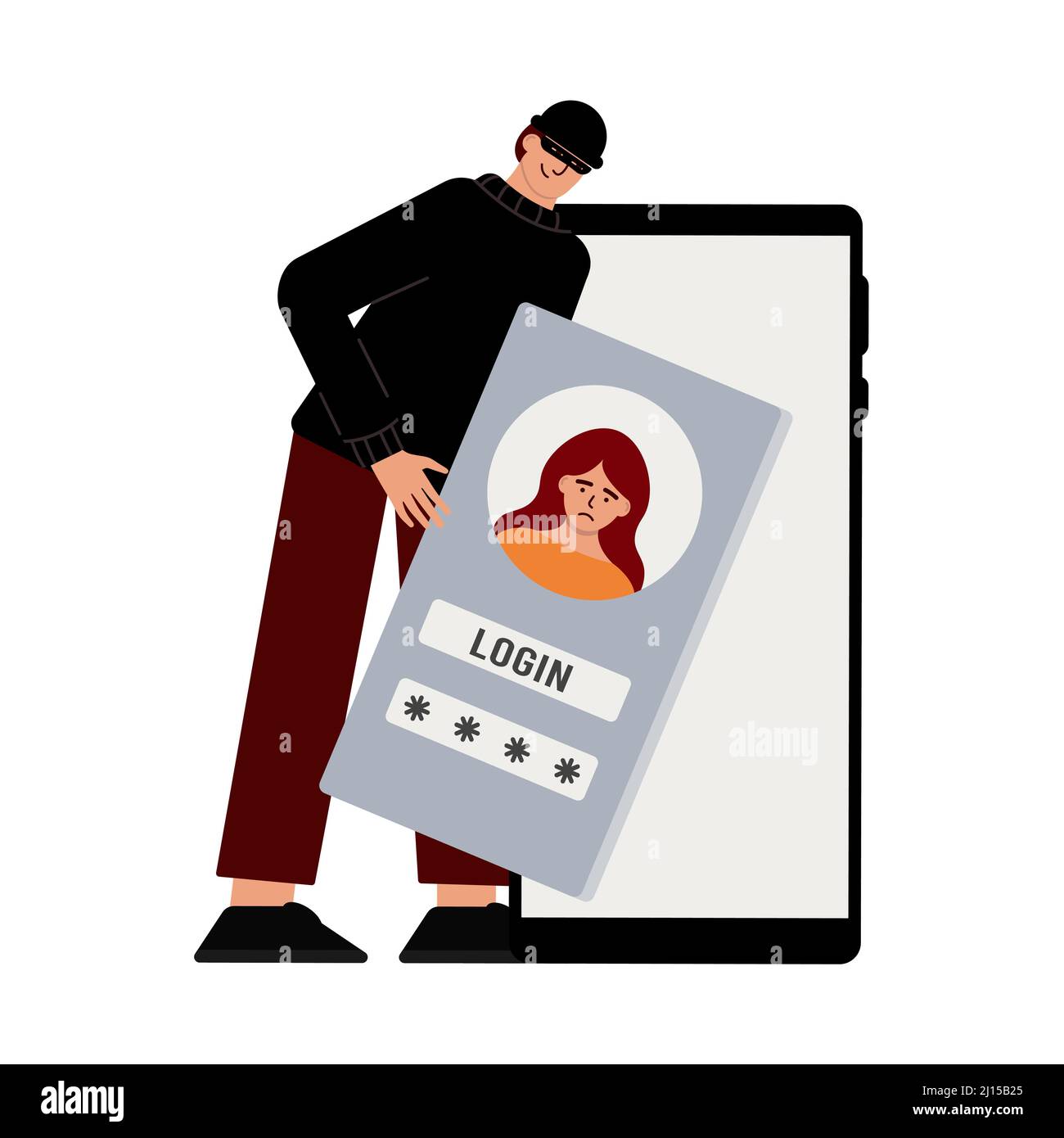 Hacker attack. Fraud with user data on social networks. Credit or debit card theft. Internet phishing, hacked username and password. Cybercrime and Stock Vector