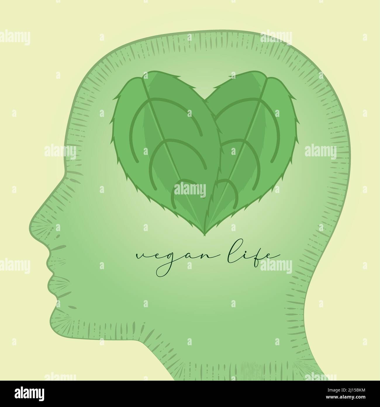 Side view of a head Brain composed by leaves Vegan lifestyle poster Vector Stock Vector