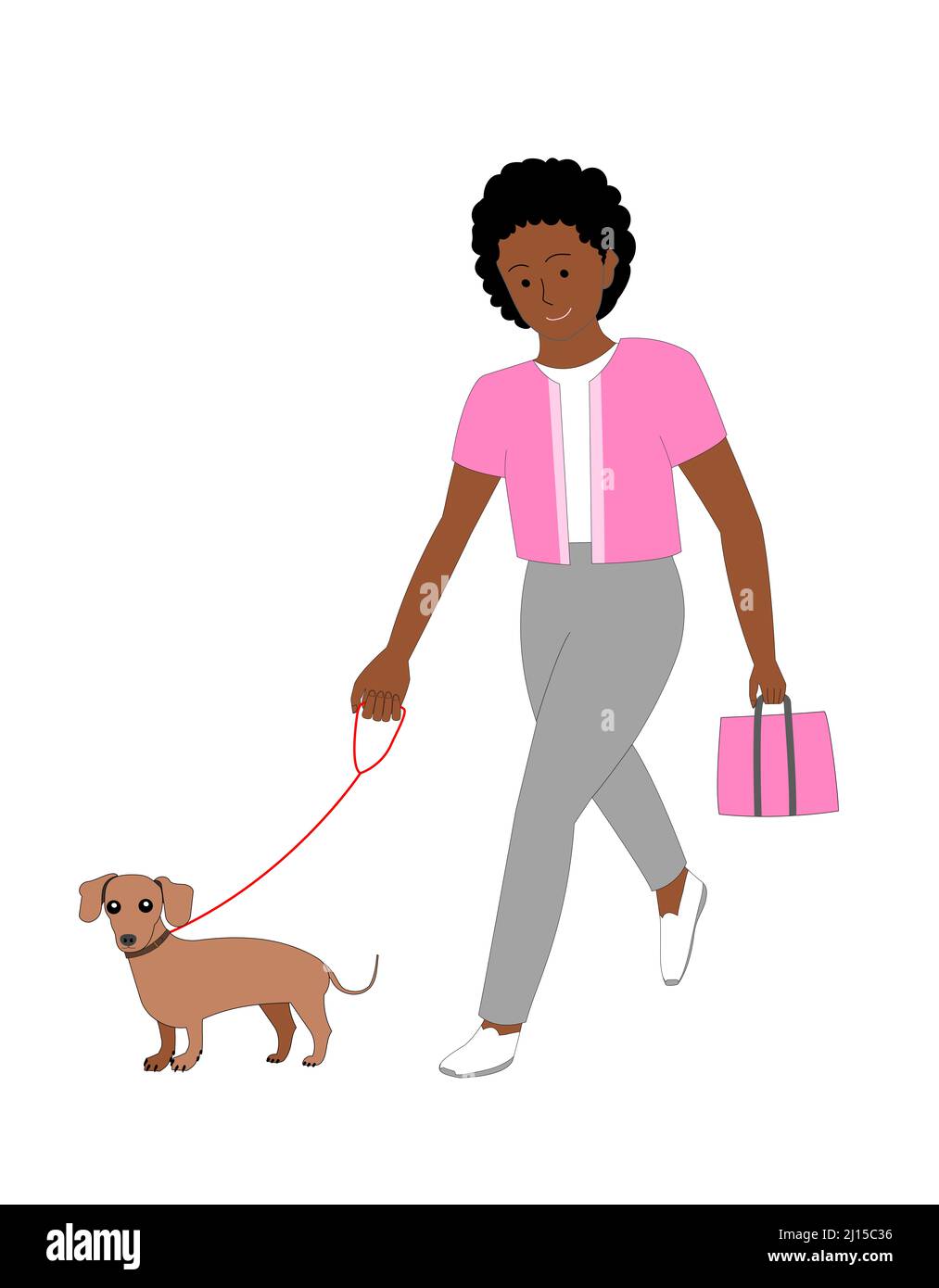 A young black woman walking a Dachshund dog with white background Stock Photo