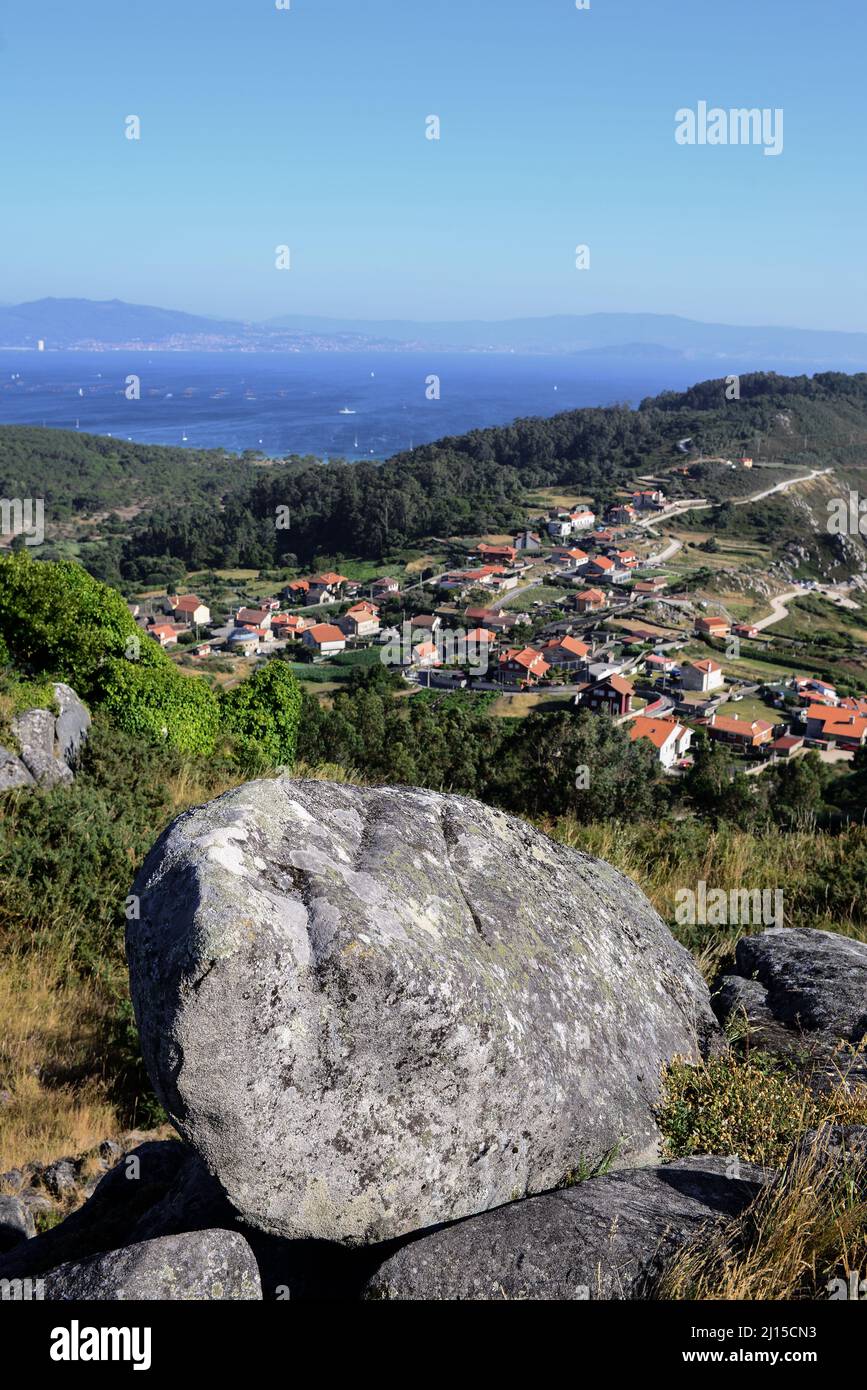 View of the Costa de la Vela and the Cies Islands from the viewpoint or Facho de Donon, in Galicia, Spain. Stock Photo