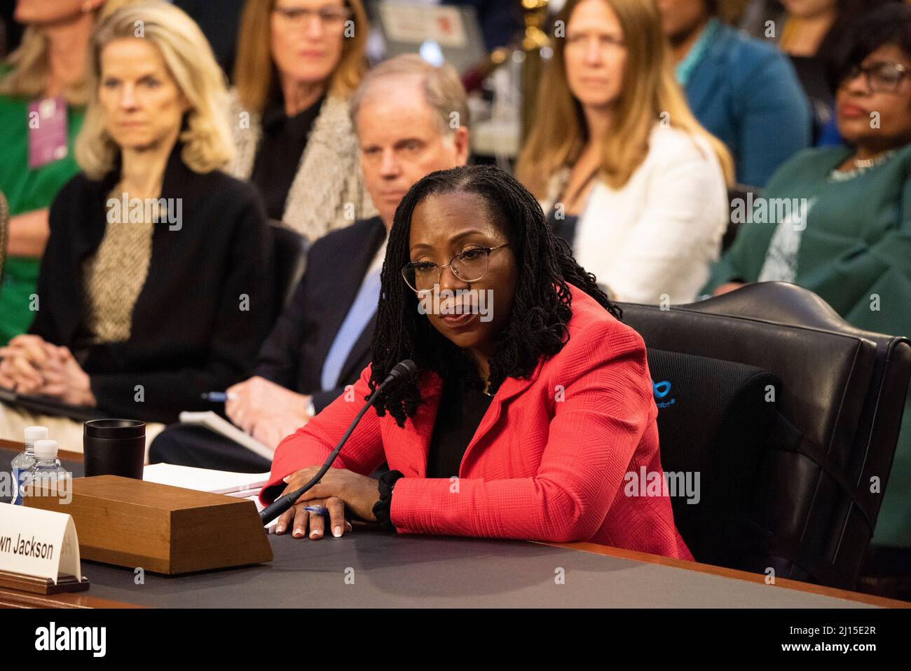 Judge Ketanji Brown Jackson testifies at her Supreme Court nomination hearing at the US Capital in Washington DC Stock Photo