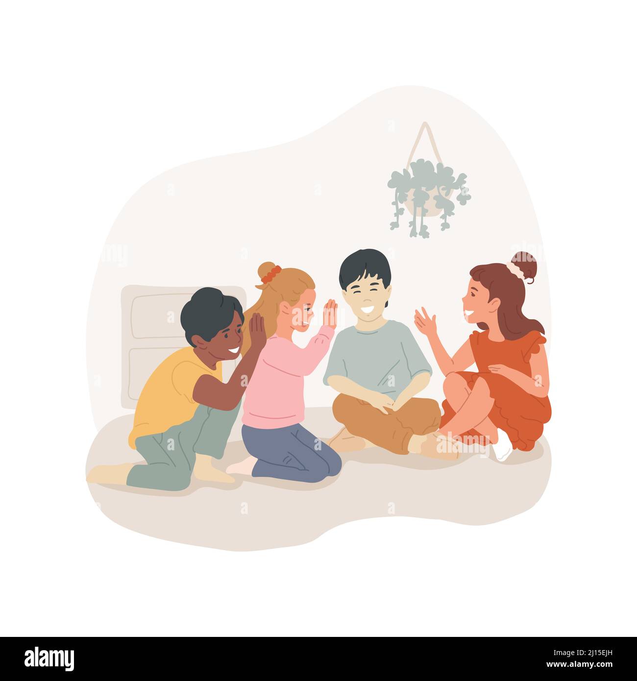Telephone game isolated cartoon vector illustration. Group of children plays telephone game, chinese whispers, communication skills development, before and afterschool program vector cartoon. Stock Vector