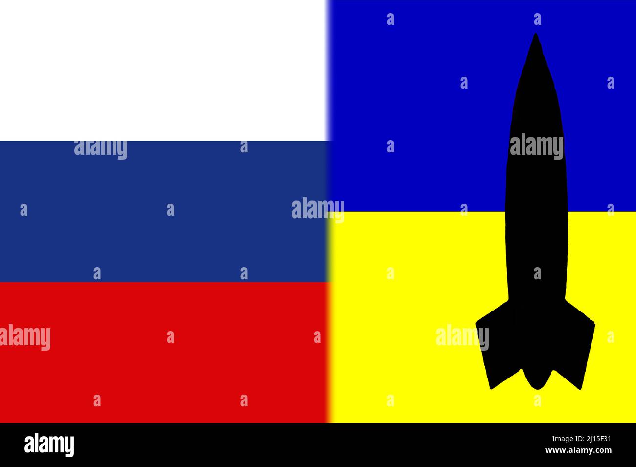 Ukraine Russia. Nuclear weapons. Russia flag and Ukrainian flag with nuclear weapons symbol with missile silhouette. Illustration of the flag Russia Stock Photo