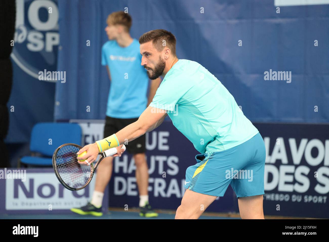 Lille, France. 22nd Mar, 2022. Damir Dzumhur during the Play In Challenger  2022, ATP Challenger Tour tennis tournament on March 22, 2022 at Tennis  Club Lillois Lille Metropole in Lille, France -