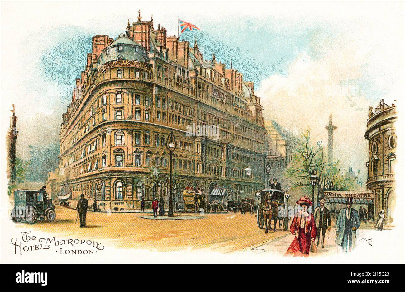 Vintage Edwardian era postcard of the Hotel Metropole, London, England. The Hotel Metropole was on the corner of Northumberland Avenue and Whitehall Place. It is now the Corinthia Hotel. Stock Photo