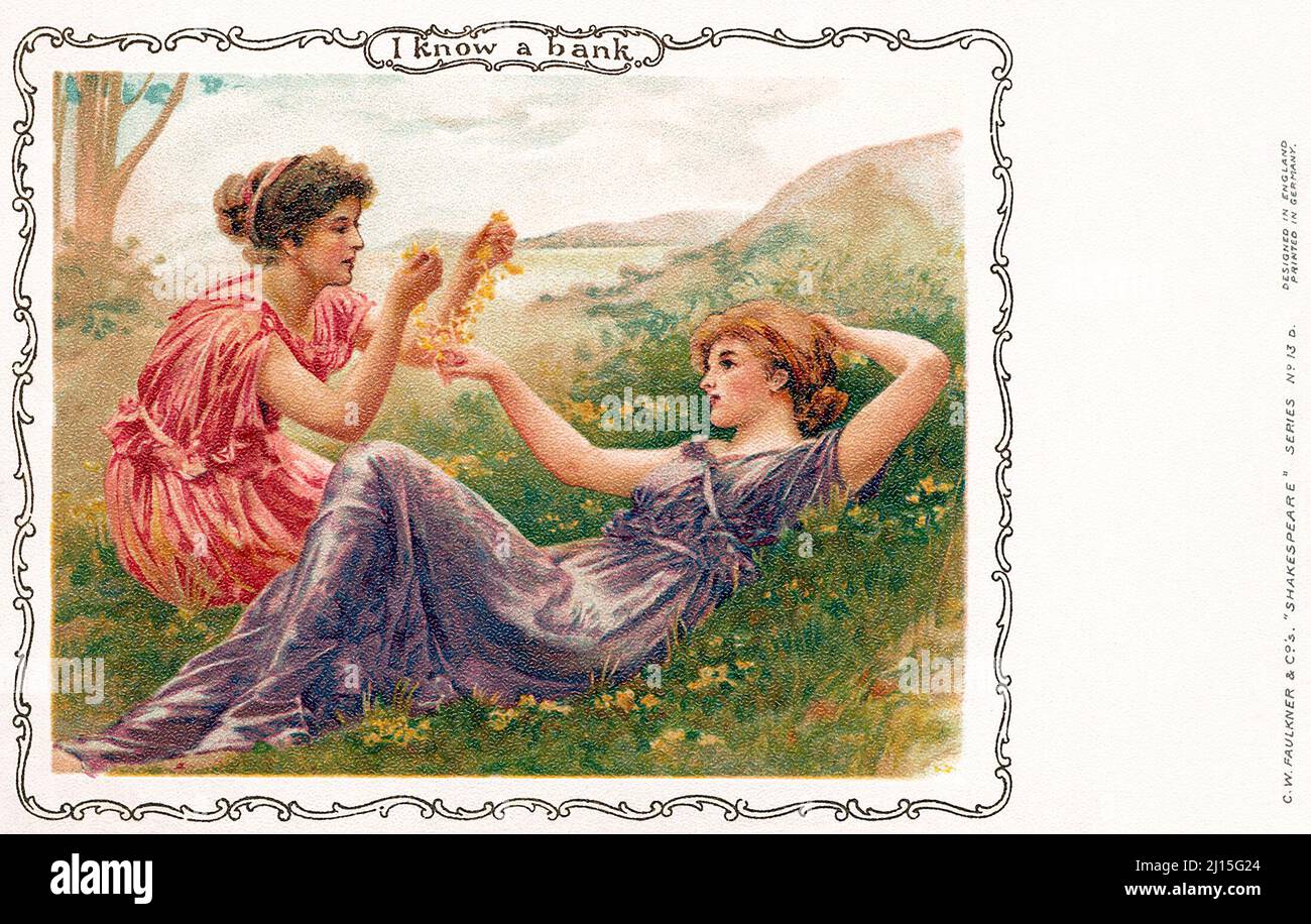 Vintage Edwardian era postcard quoting William Shakespeare's A Midsummer Night's Dream - 'I know a bank where the wild thyme blows, Where oxlips and the nodding violet grows, Quite over-canopied with luscious woodbine, With sweet musk-roses and with eglantine.' Stock Photo