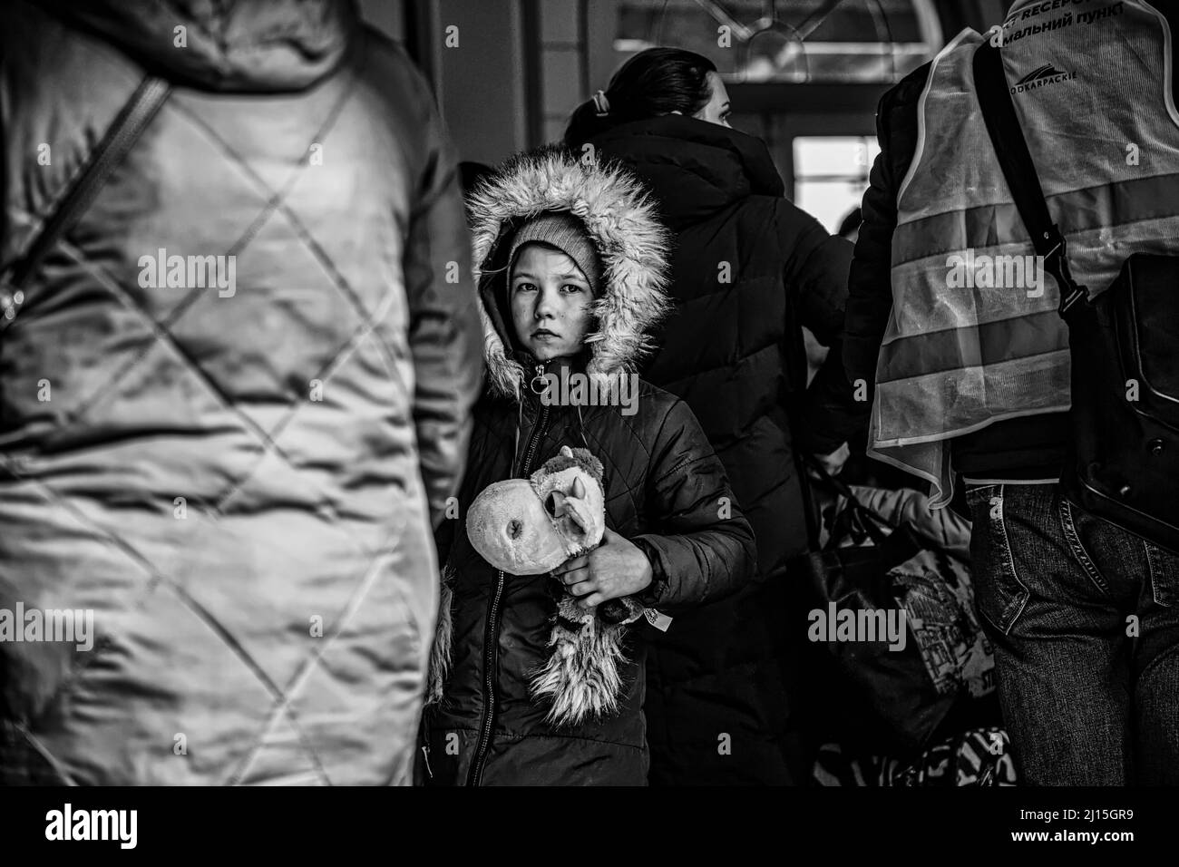 War in Ukraine, Lviv, Ukrainian soldiers, refugee in Poland Stock Photo