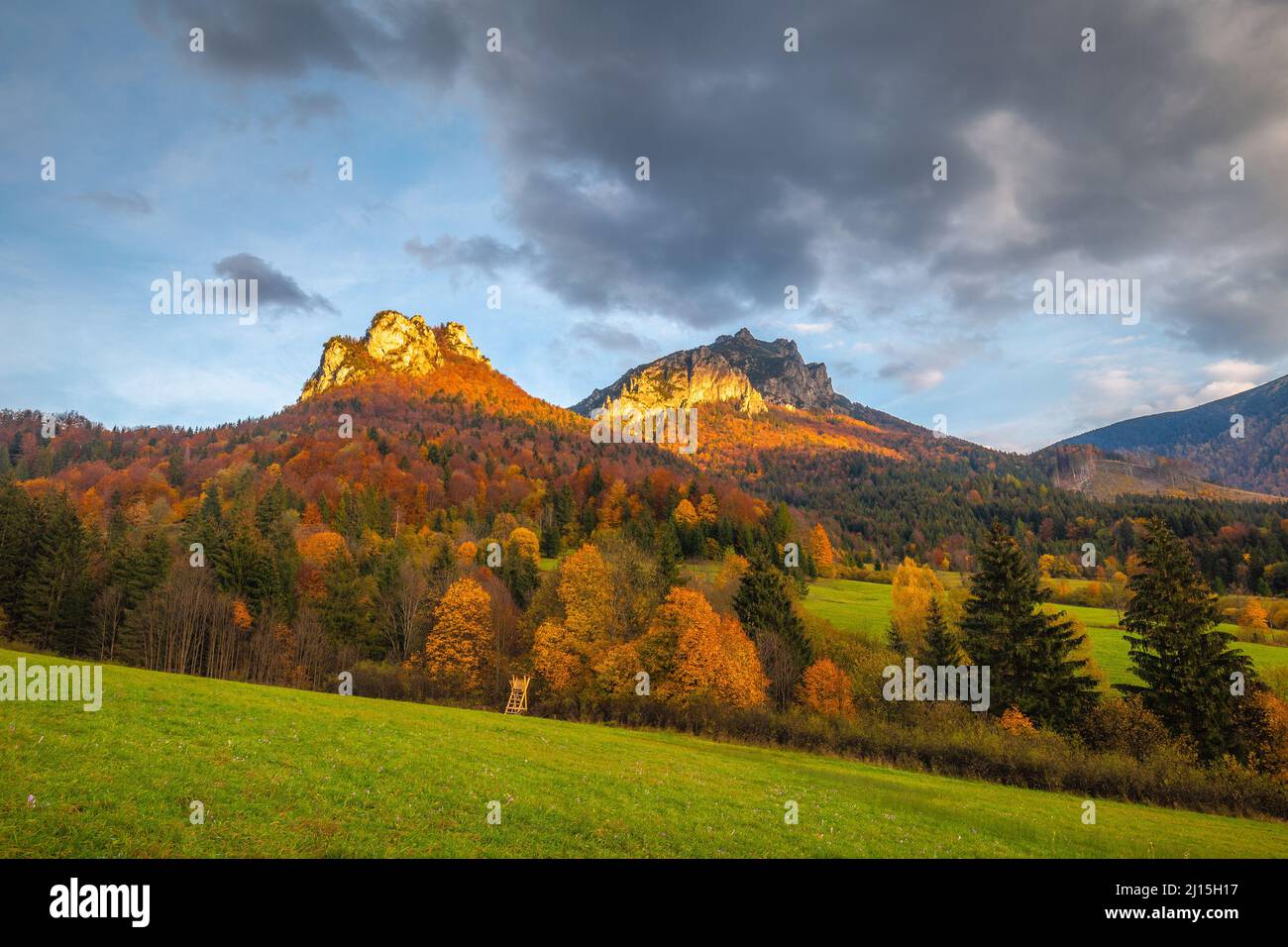 Autumn rural landscape with mountains peaks on background. The Vratna
