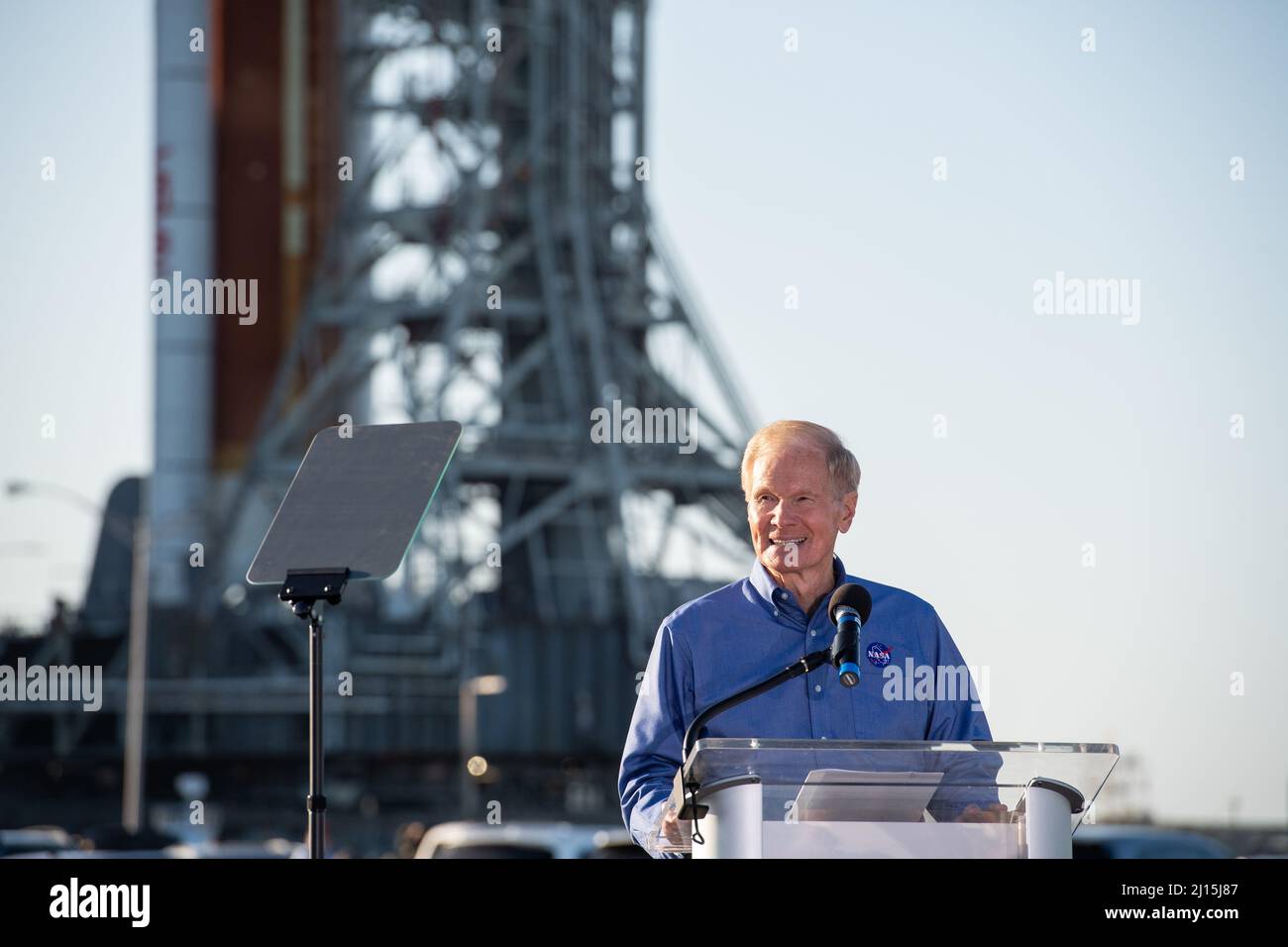 NASA Administrator Bill Nelson delivers remarks as the agency’s Space Launch System (SLS) rocket with the Orion spacecraft aboard rolls out of High Bay 3 of the Vehicle Assembly Building for the first time, Thursday, March 17, 2022, at NASA’s Kennedy Space Center in Florida. Ahead of NASA’s Artemis I flight test, the fully stacked and integrated SLS rocket and Orion spacecraft will undergo a wet dress rehearsal at Launch Complex 39B to verify systems and practice countdown procedures for the first launch. Photo Credit: (NASA/Keegan Barber) Stock Photo