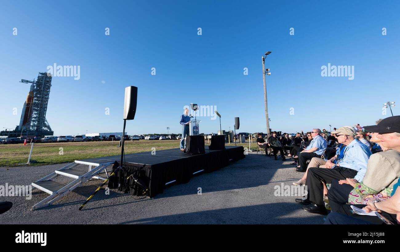 NASA Administrator Bill Nelson delivers remarks as the agency’s Space Launch System (SLS) rocket with the Orion spacecraft aboard rolls out of High Bay 3 of the Vehicle Assembly Building for the first time, Thursday, March 17, 2022, at NASA’s Kennedy Space Center in Florida. Ahead of NASA’s Artemis I flight test, the fully stacked and integrated SLS rocket and Orion spacecraft will undergo a wet dress rehearsal at Launch Complex 39B to verify systems and practice countdown procedures for the first launch. Photo Credit: (NASA/Keegan Barber) Stock Photo