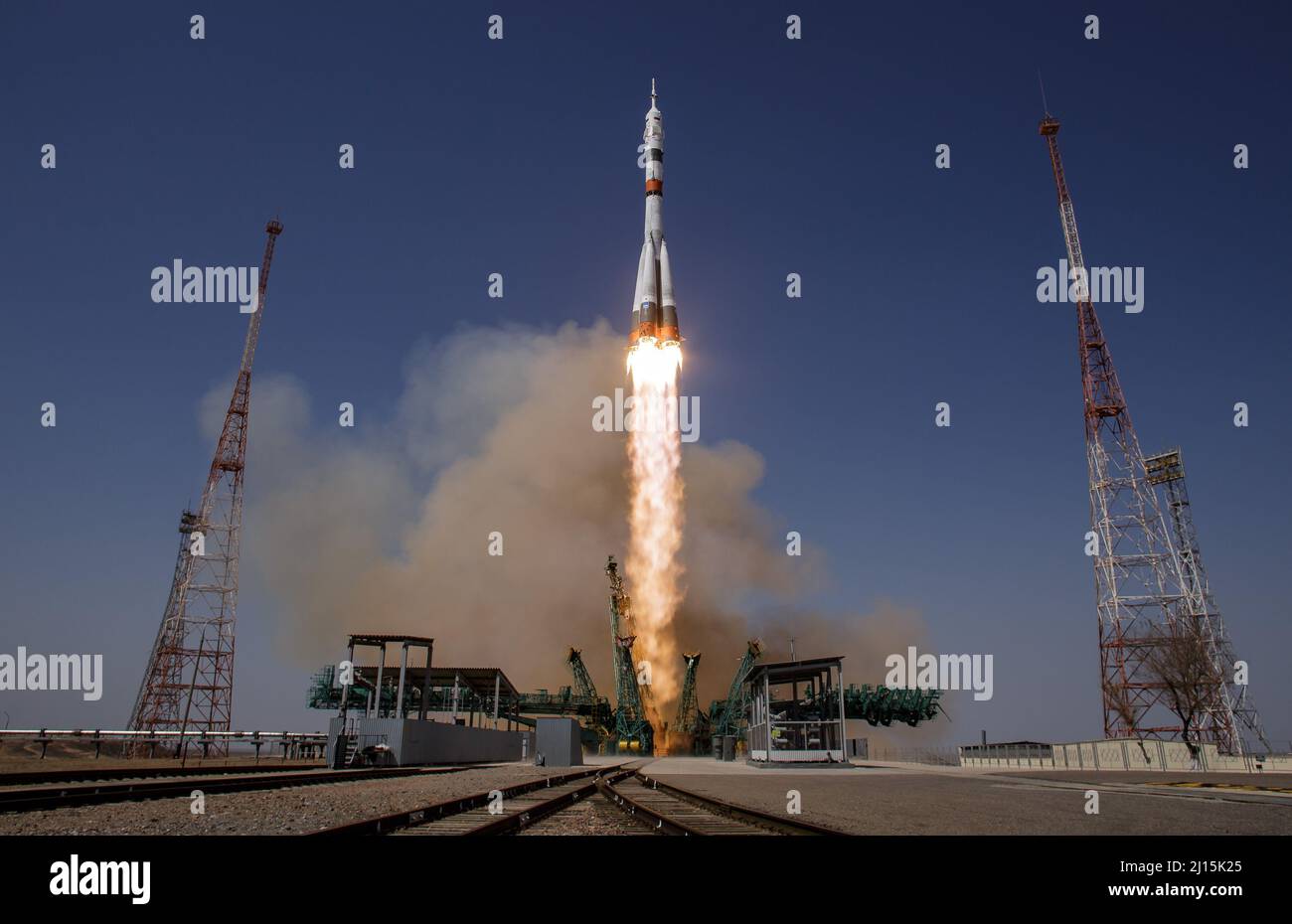 The Soyuz MS-18 rocket is launched with Expedition 65 NASA astronaut Mark Vande Hei, Roscosmos cosmonauts Pyotr Dubrov and Oleg Novitskiy, Friday, April 9, 2021, at the Baikonur Cosmodrome in Kazakhstan. Photo Credit: (NASA/Bill Ingalls) Stock Photo