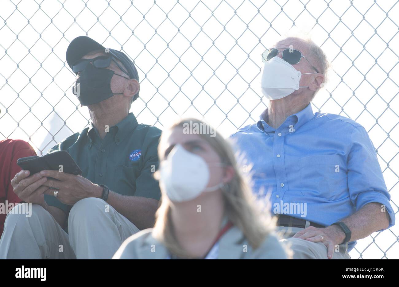 NASA Administrator Bill Nelson, right, and former NASA Administrator Charles Bolden, left, watch as a Northrop Grumman Antares rocket carrying a Cygnus resupply spacecraft launches from  Pad-0A of the Mid-Atlantic Regional Spaceport, Tuesday, Aug. 10, 2021, at NASA's Wallops Flight Facility in Virginia. Northrop Grumman’s 16th contracted cargo resupply mission with NASA will deliver nearly 8,200 pounds of science and research, crew supplies and vehicle hardware to the International Space Station and its crew.  Photo Credit: (NASA/Joel Kowsky} Stock Photo