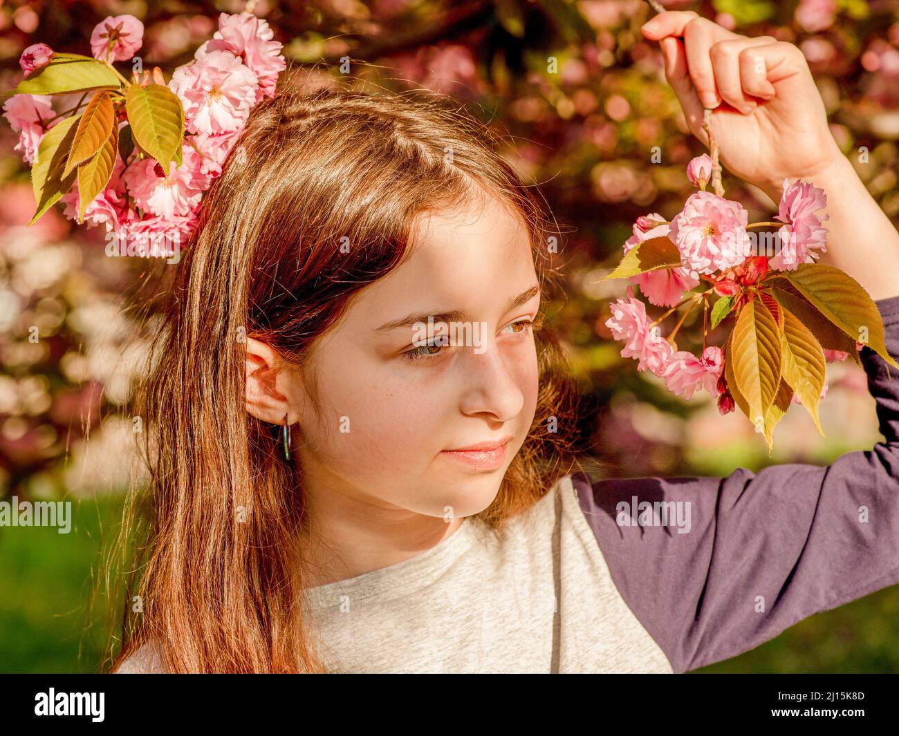 Teenage girl on a background of blooming sakura. Spring portrait of a ...