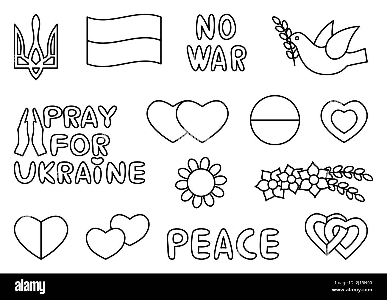 Patriotic national flag and emblem. Pray for Ukraine. Ukrainian heart love wreath and sunflower icon silhouette outline line set. Support for the country during the occupation. Stop war. Dove of peace Stock Vector