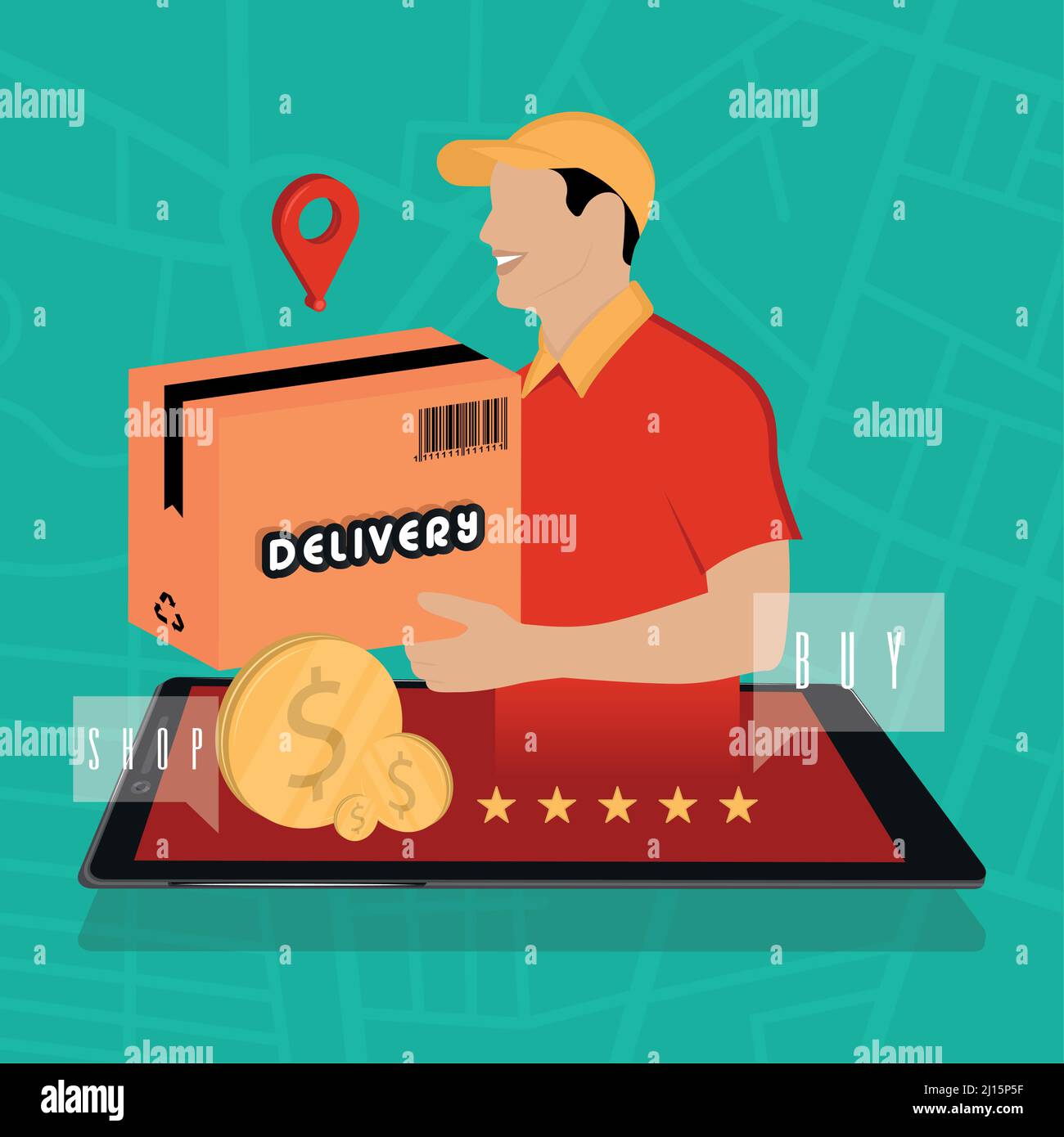 Delivery guy commint out of a cellphone Delivery concept art Vector