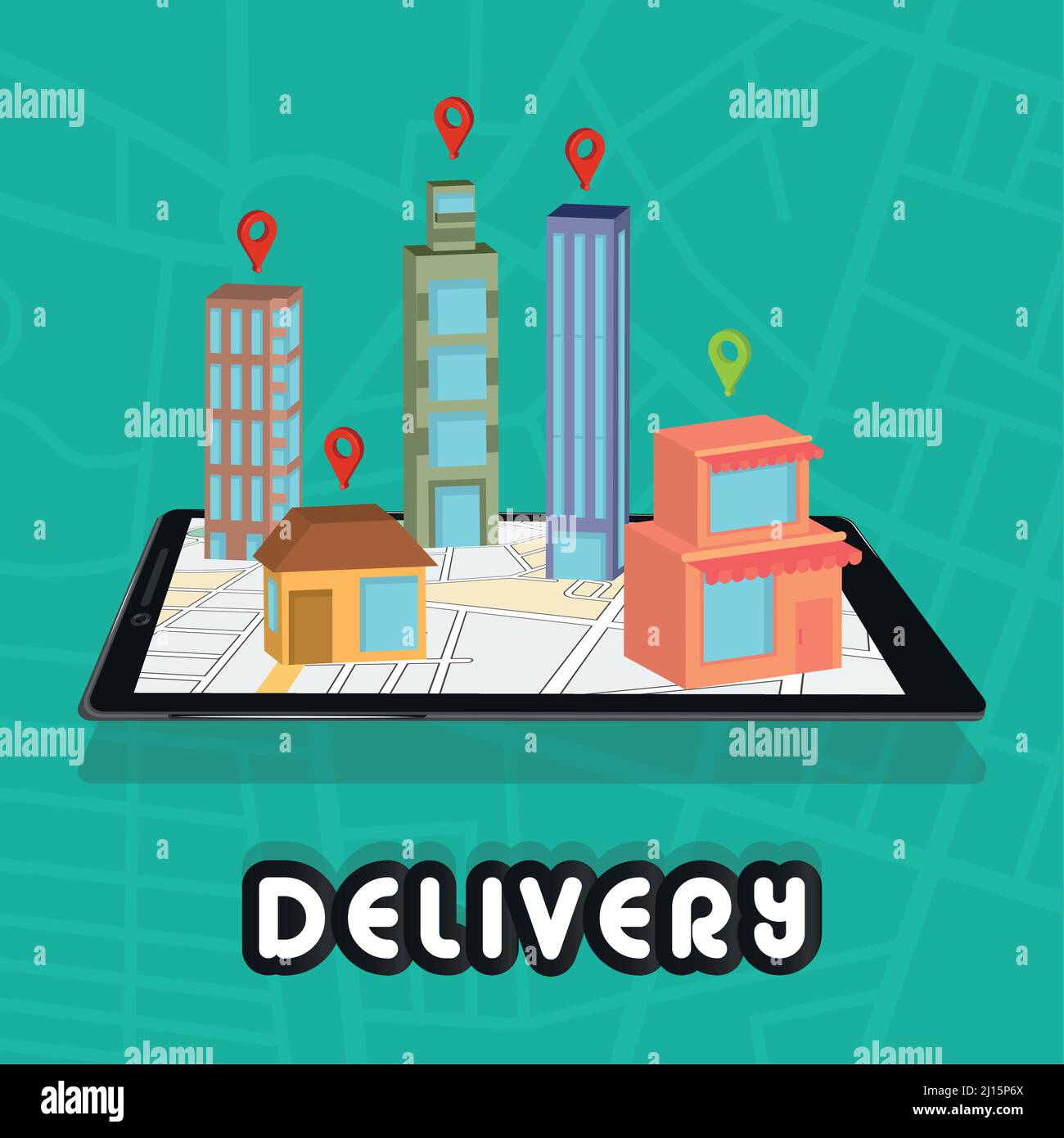 Group of different buildings connected on a delivery app Delivery concept Vector Stock Vector