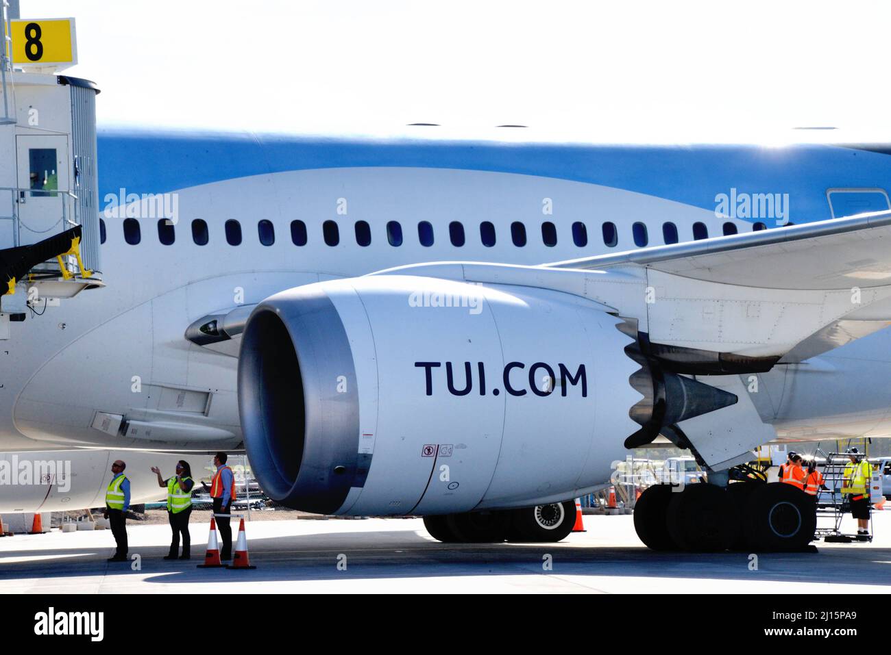 Melbourne. Brevard County. Florida. USA. March 22, 2022. Arriving from  Manchester, England the first-ever transatlantic flight from the United  Kingdom on TUI aircraft arrives at Melbourne Orlando International Airport.  Major construction at