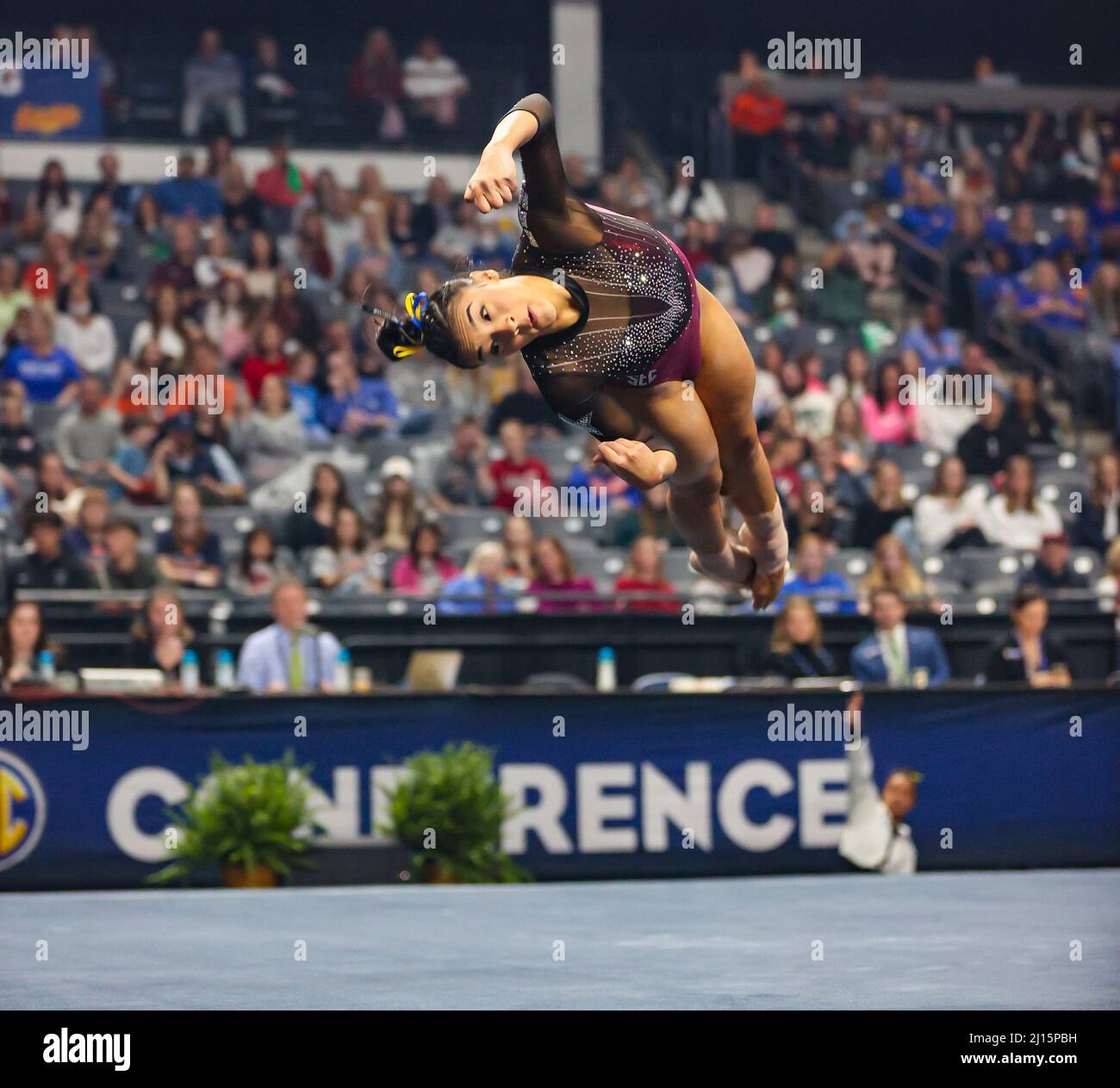 Birmingham, AL, USA. 19th Mar, 2022. Alabama's Luisa Blanco does a tumbling pass during her floor routine at the 2022 SEC Women's Gymnastics Championships at Legacy Arena in Birmingham, AL. Kyle Okita/CSM/Alamy Live News Stock Photo