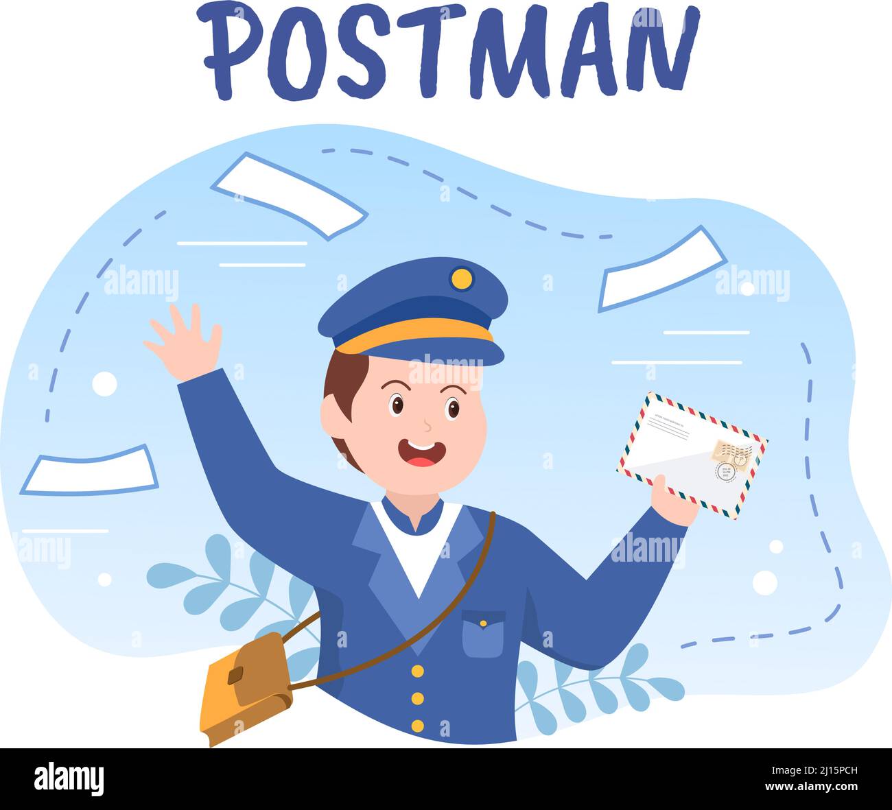 Postman Cartoon Vector Illustration Wearing a Uniform Carrying a Backpack Containing Letters to Send or Placing Envelope in Postal Service Mailbox Stock Vector