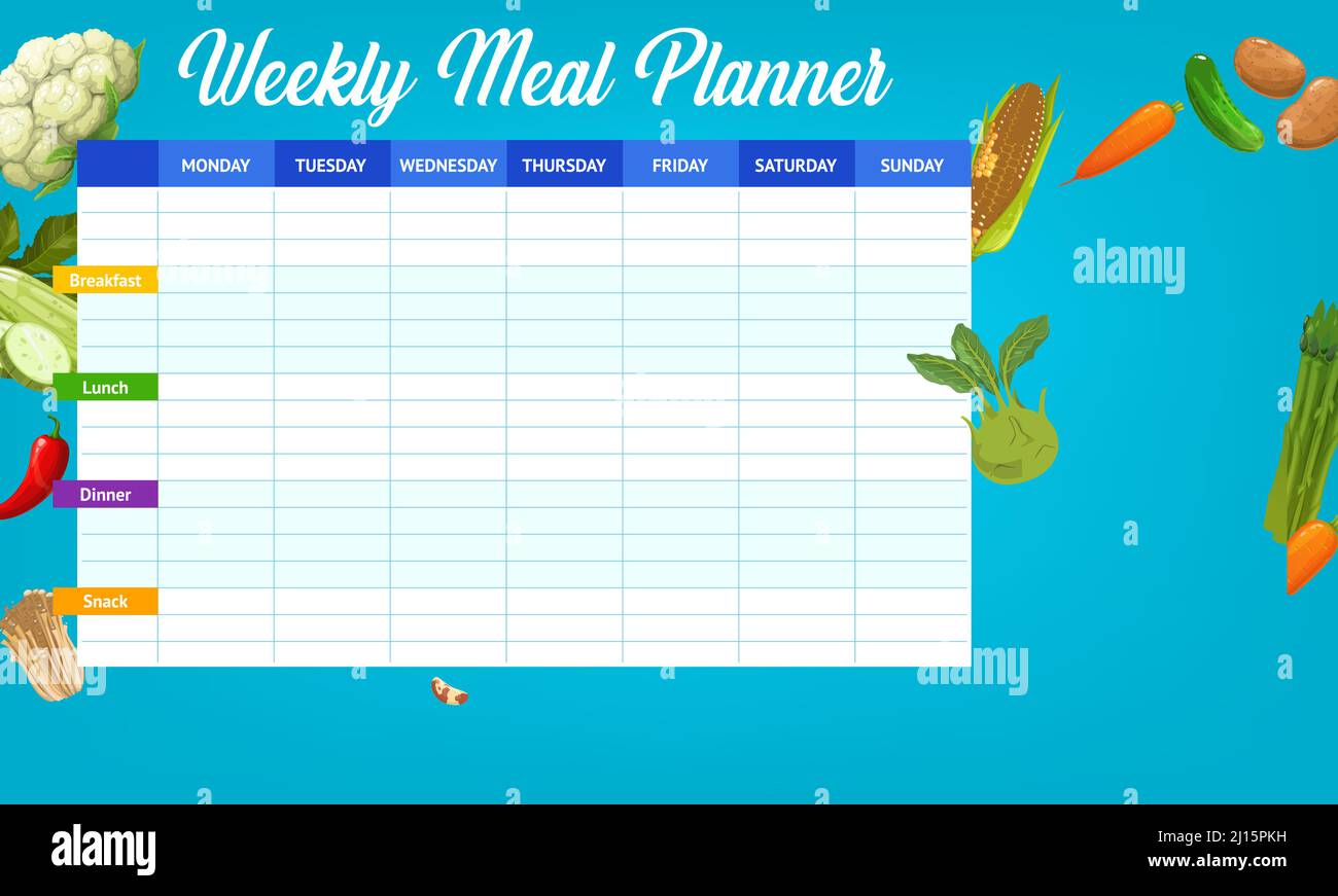 Cartoon raw vegetables weekly meal planner schedule, vector organizer ...