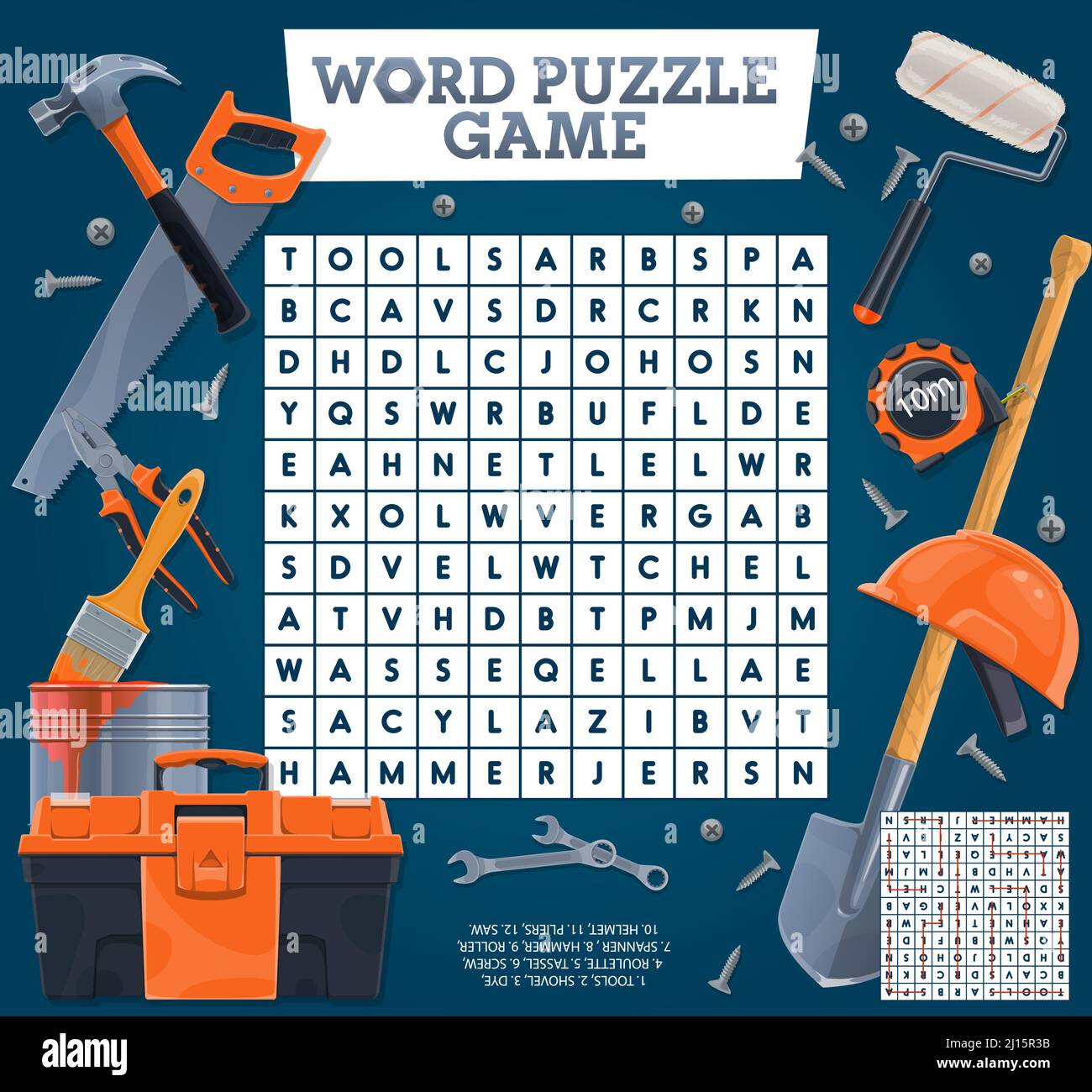 DIY tools on word search puzzle quiz game worksheet. Kids quiz grid