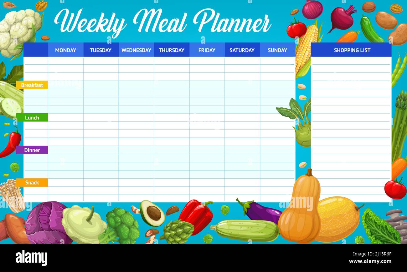 Cartoon raw vegetables weekly meal planner schedule, vector organizer ...