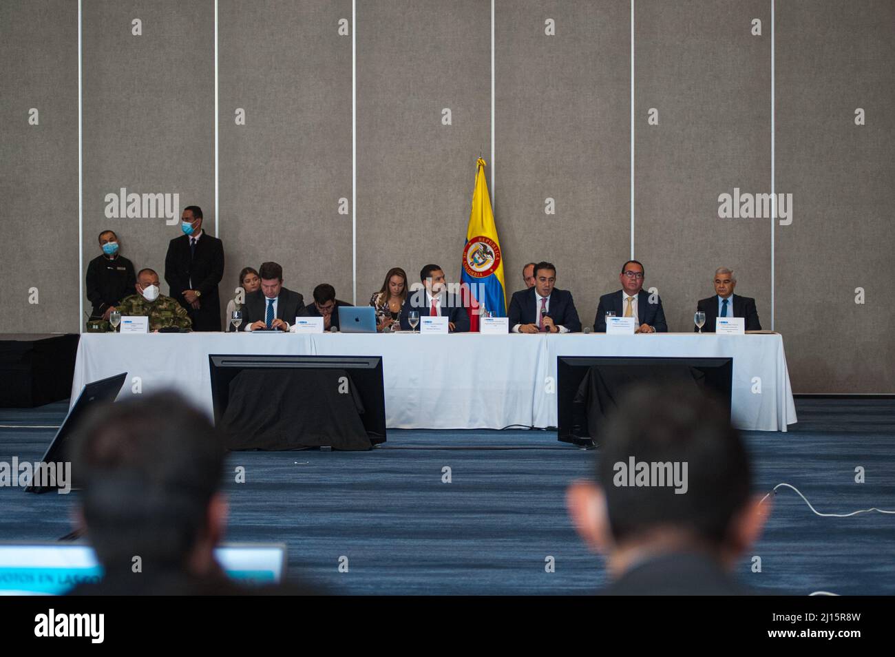 Bogota, Colombia. 22nd Mar, 2022. (Left to right) Army general Luis Fernando Navarro, Minister of Defense Diego Molano, Minister of the Interior Daniel Palacios and national registrar of Colombia Alexander Vega during a meeting of electoral guarantees where national registrar Alexander Vega opted not to do a new election count for the 2022 congressional elections, in Bogota, Colombia March 22, 2022. Photo by: Chepa Beltran/Long Visual Press Credit: Long Visual Press/Alamy Live News Stock Photo