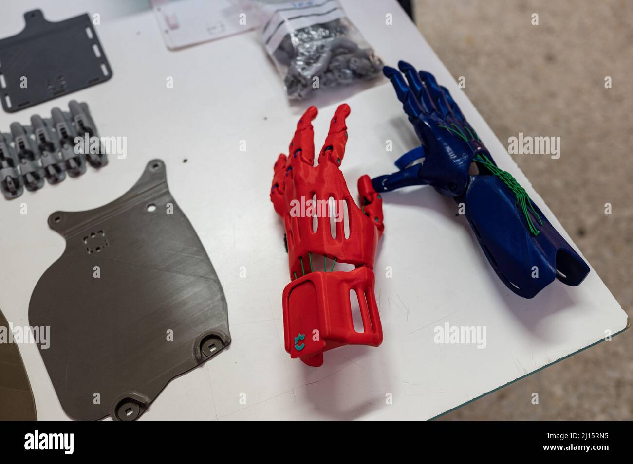 3D printed plastic arm and hand prosthesis pieces Stock Photo