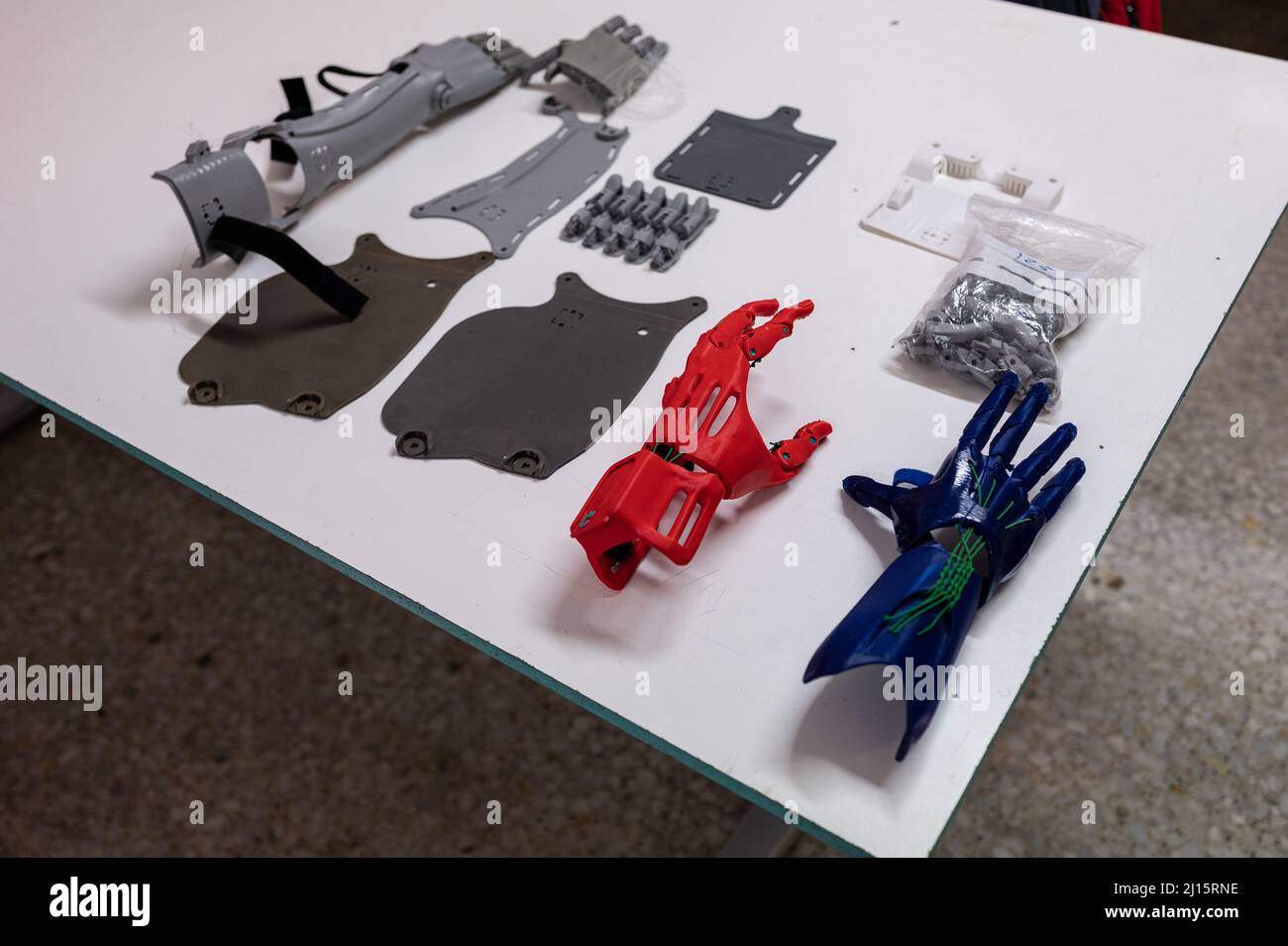 3D printed plastic arm and hand prosthesis pieces Stock Photo
