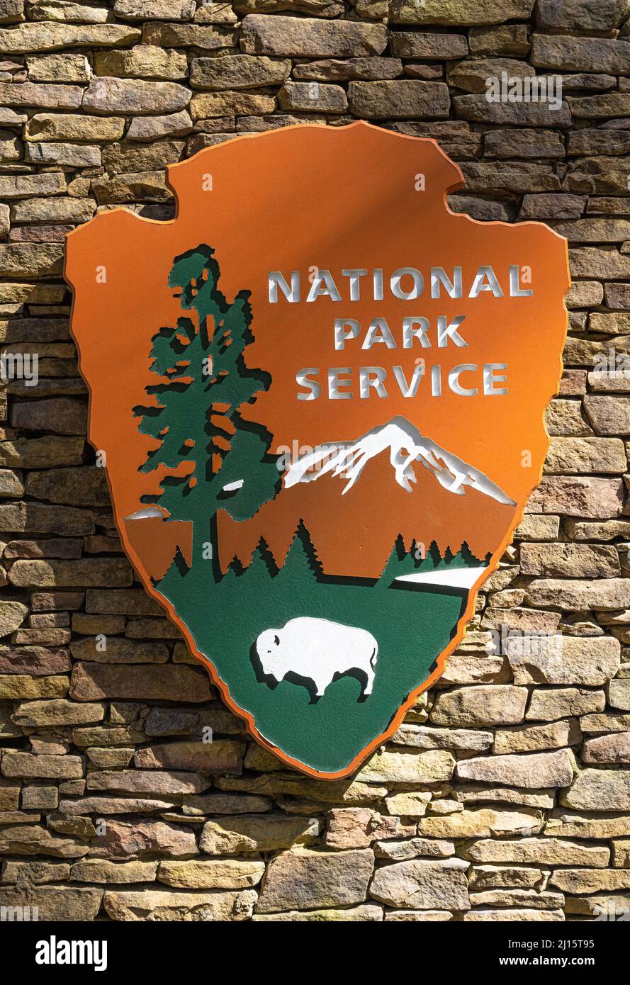 National Park Service logo signage at Sope Creek in the Cochran Shoals Unit of the Chattahoochee River National Recreation Area in Marietta, Georgia. Stock Photo