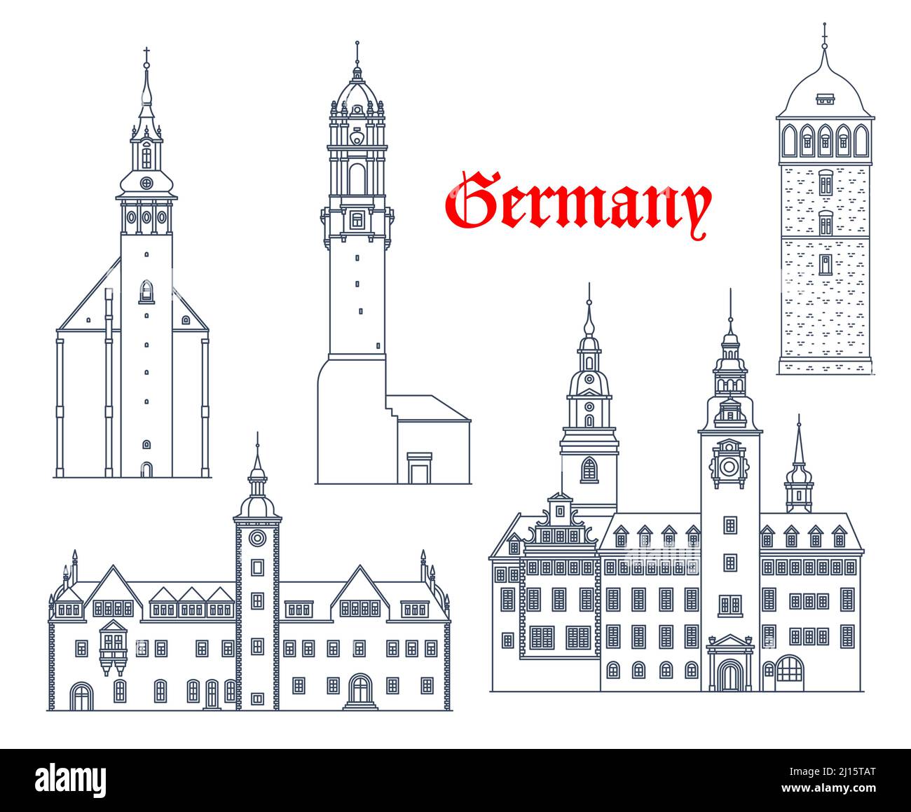 Germany buildings architecture of Freiburg, Schneeberg, Chemnitz and Bautzen, vector travel landmarks. German buildings of St Wolfgang Kirche church, town hall Rathaus and Reichenturm tower Stock Vector