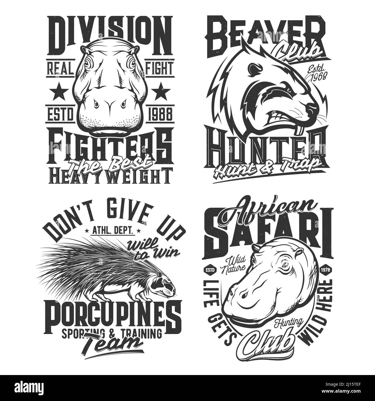Hunt safari, sport team and fight club shirt prints, vector animal heads emblems. African hunting, fighting sport and athletics varsity club badges with beaver, porcupine and hippopotamus mascot Stock Vector