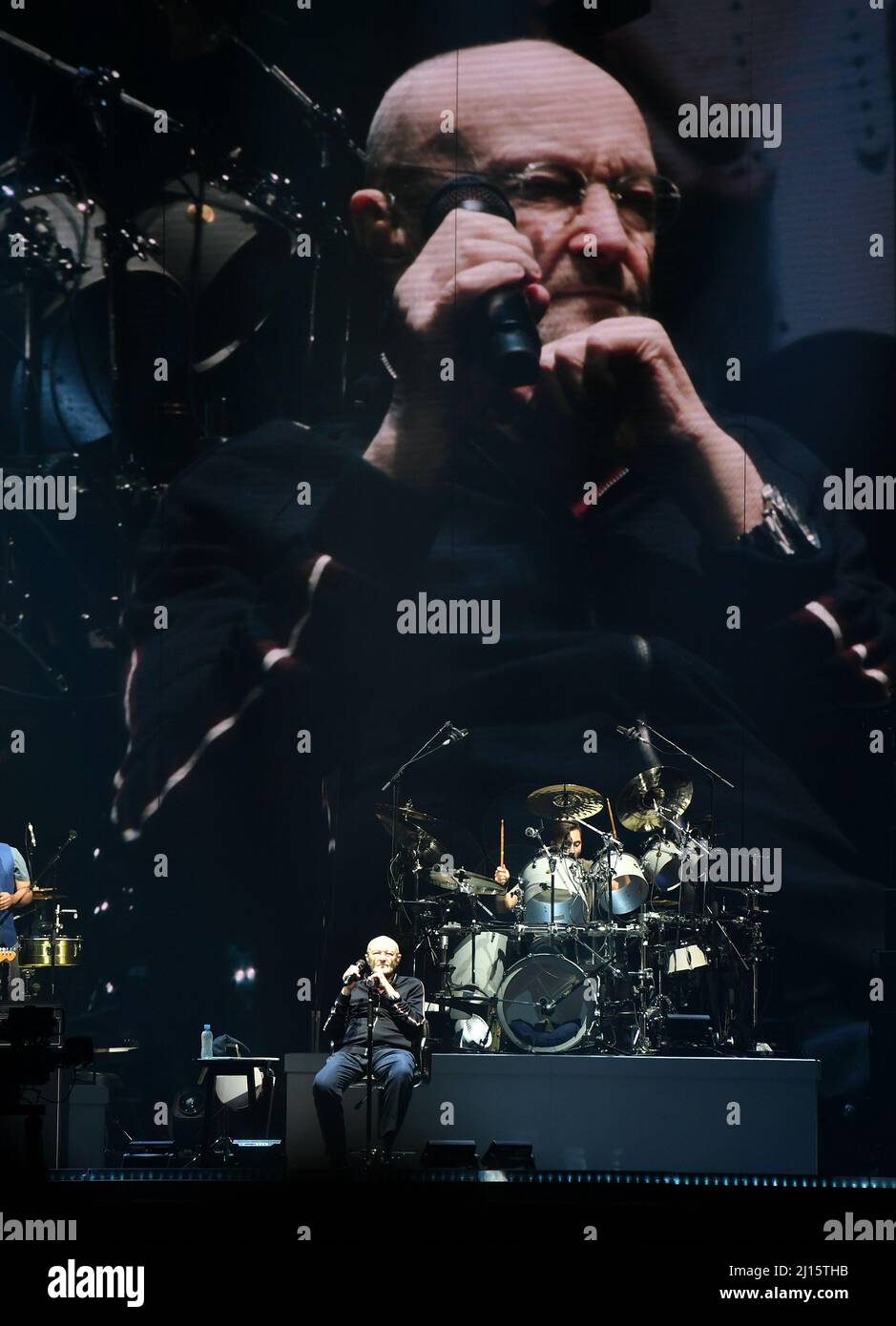 Phil Collins concert  - Genesis (Mike Rutherford, Phil Collins et Tony Banks)   performs during their The Last Domino Tour at U Arena in Paris 2022 Stock Photo