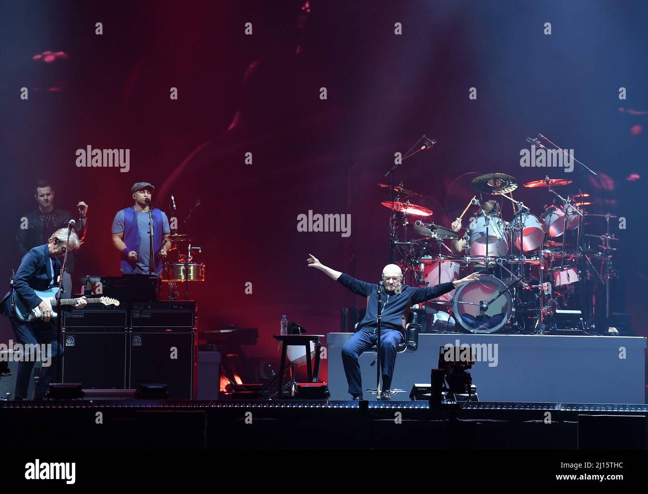 Phil Collins concert  - Genesis (Mike Rutherford, Phil Collins et Tony Banks)   performs during their The Last Domino Tour at U Arena in Paris 2022 Stock Photo