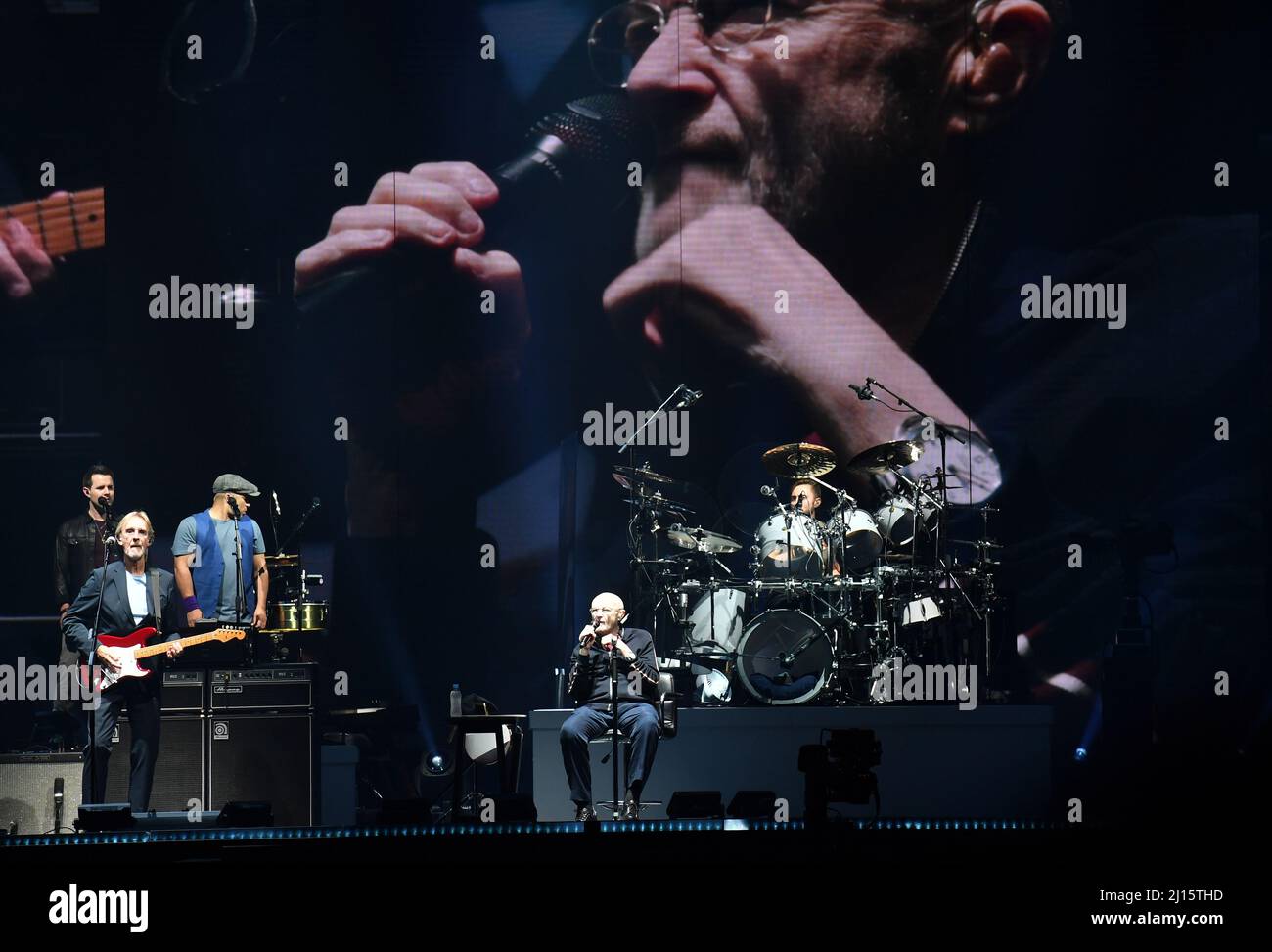 Phil Collins concert  - Genesis (Mike Rutherford, Phil Collins et Tony Banks)   performs during their The Last Domino Tour at U Arena in Paris 2022 Stock Photo