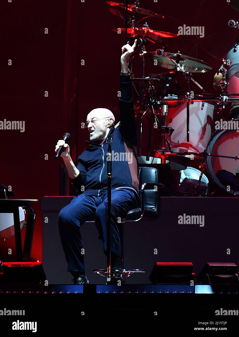 Phil Collins concert  - Genesis (Mike Rutherford, Phil Collins et Tony Banks)   performs during their The Last Domino Tour at U Arena in Paris 2022 Stock Photo