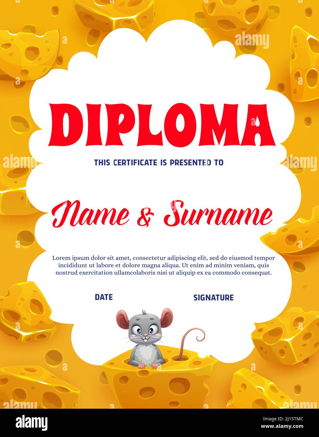 Vertical kids diploma with maasdam, emmental cheese and cartoon mouse