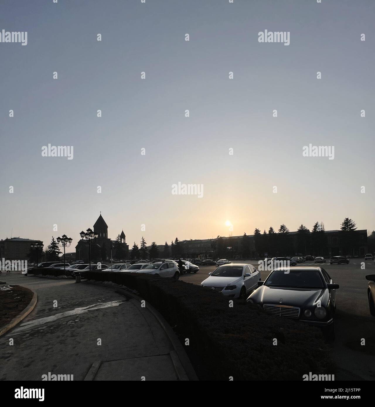 A vertical shot of cars parked in the Vardanants Square in Gyumri ...
