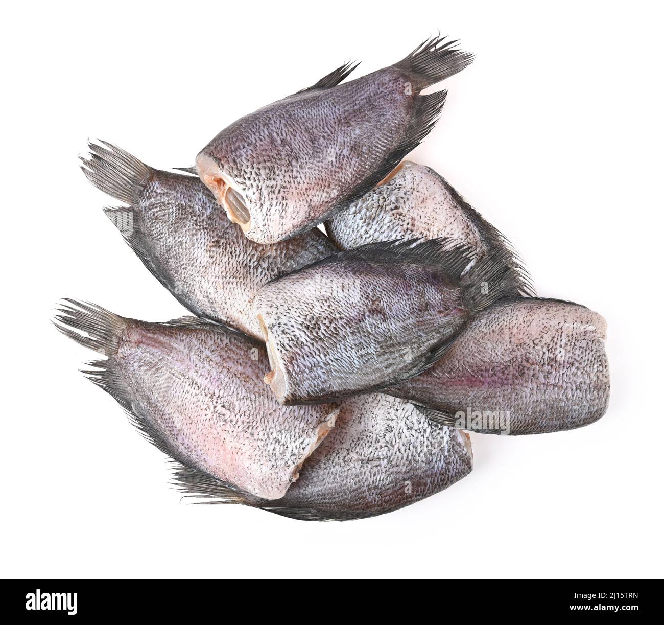Sun dried fish, SnakeSkin Gourami Fish, Pla Salit (Trichogaster pectoralis) isolated on white background. Top view Stock Photo
